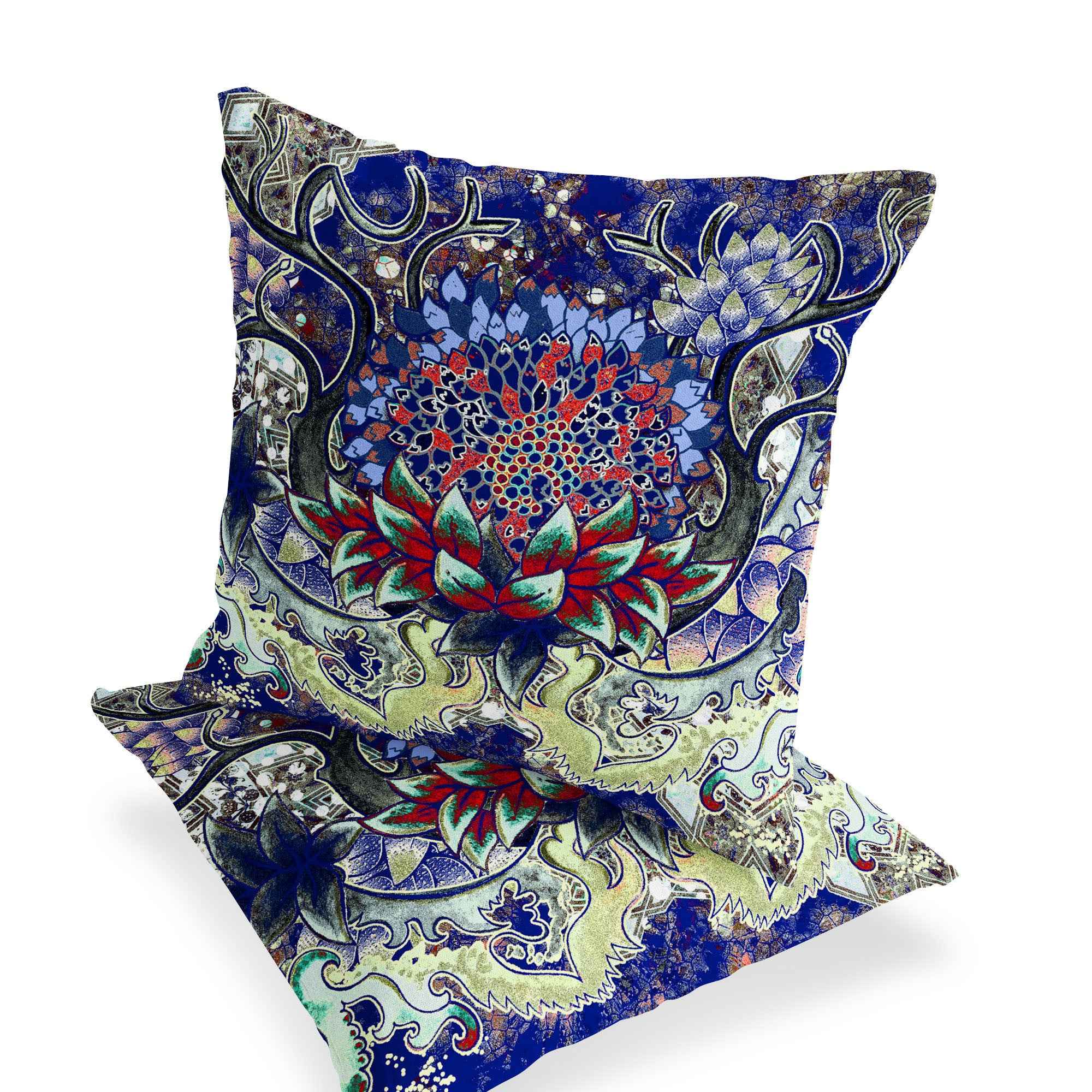 Set of Two 16" X 16" Blue and Green Blown Seam Floral Indoor Outdoor Throw Pillow