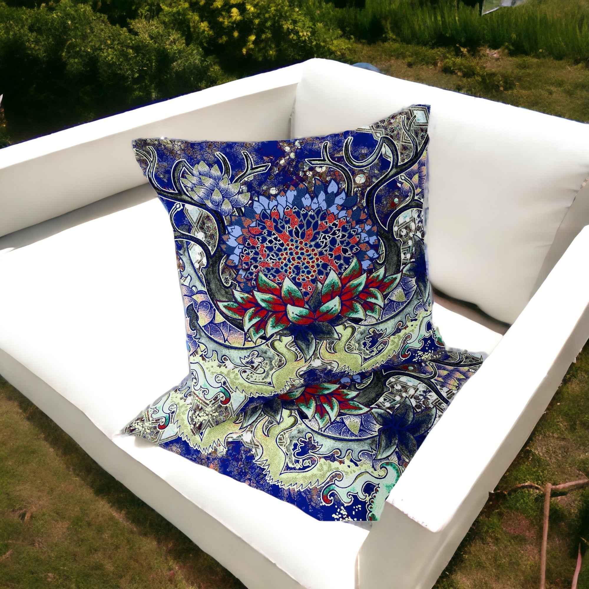 Set of Two 16" X 16" Blue and Green Blown Seam Floral Indoor Outdoor Throw Pillow