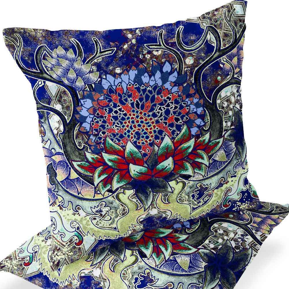 Set of Two 16" X 16" Blue and Green Blown Seam Floral Indoor Outdoor Throw Pillow