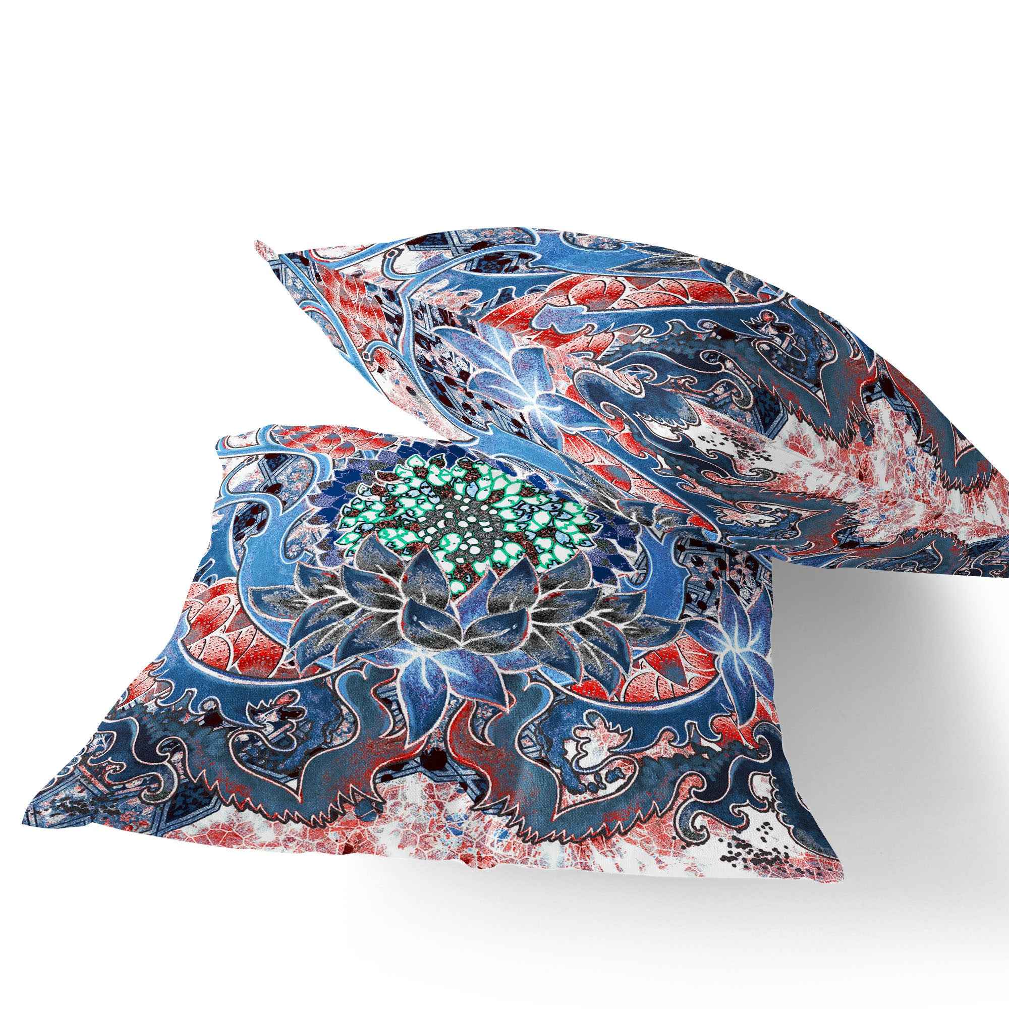 Set of Two 16" X 16" Blue and Pink Blown Seam Floral Indoor Outdoor Throw Pillow