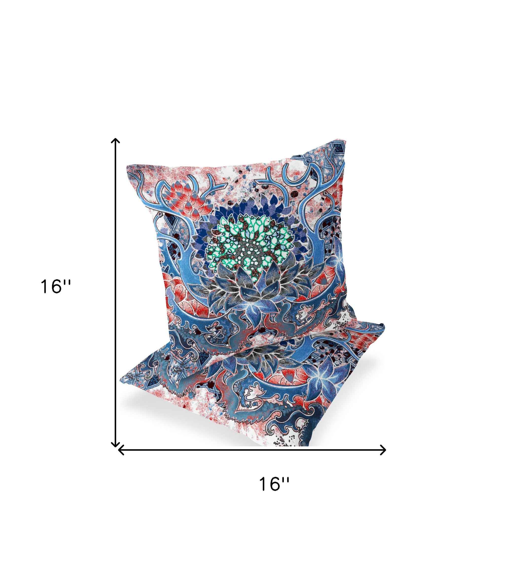 Set of Two 16" X 16" Blue and Pink Blown Seam Floral Indoor Outdoor Throw Pillow