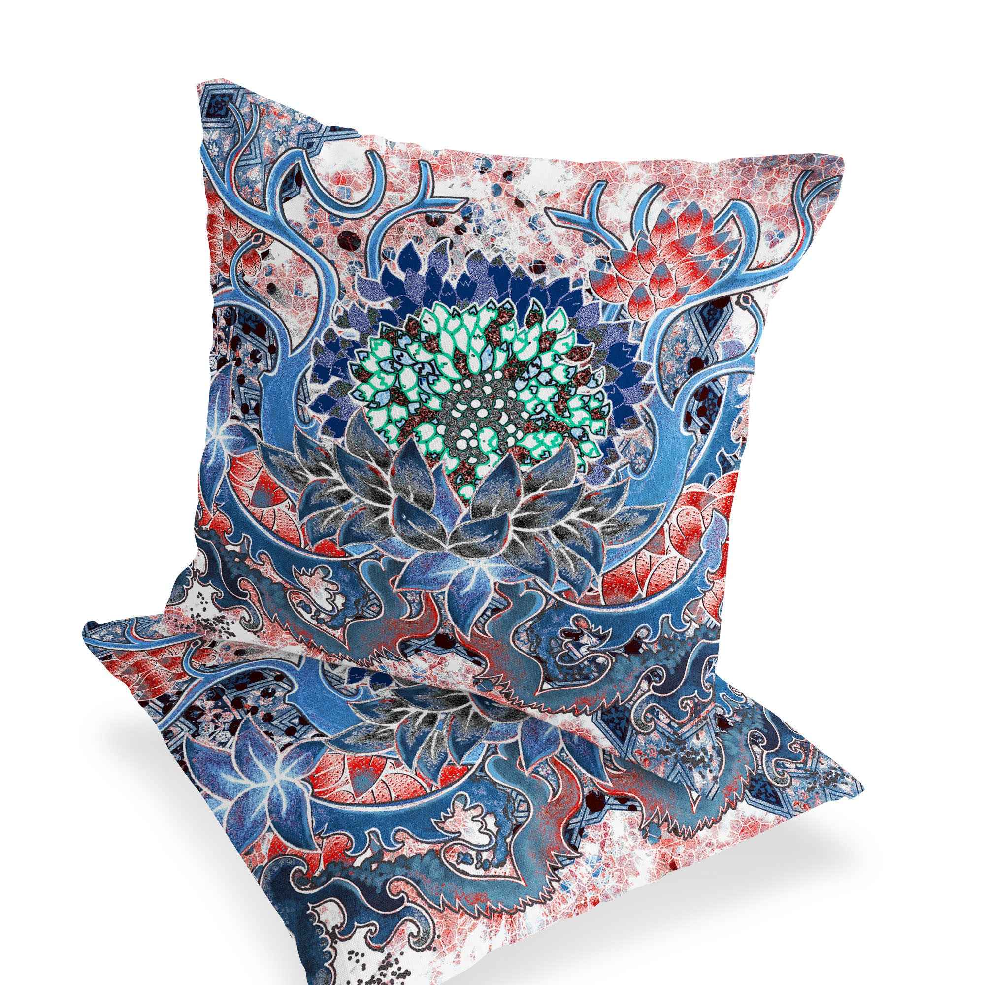 Set of Two 16" X 16" Blue and Pink Blown Seam Floral Indoor Outdoor Throw Pillow