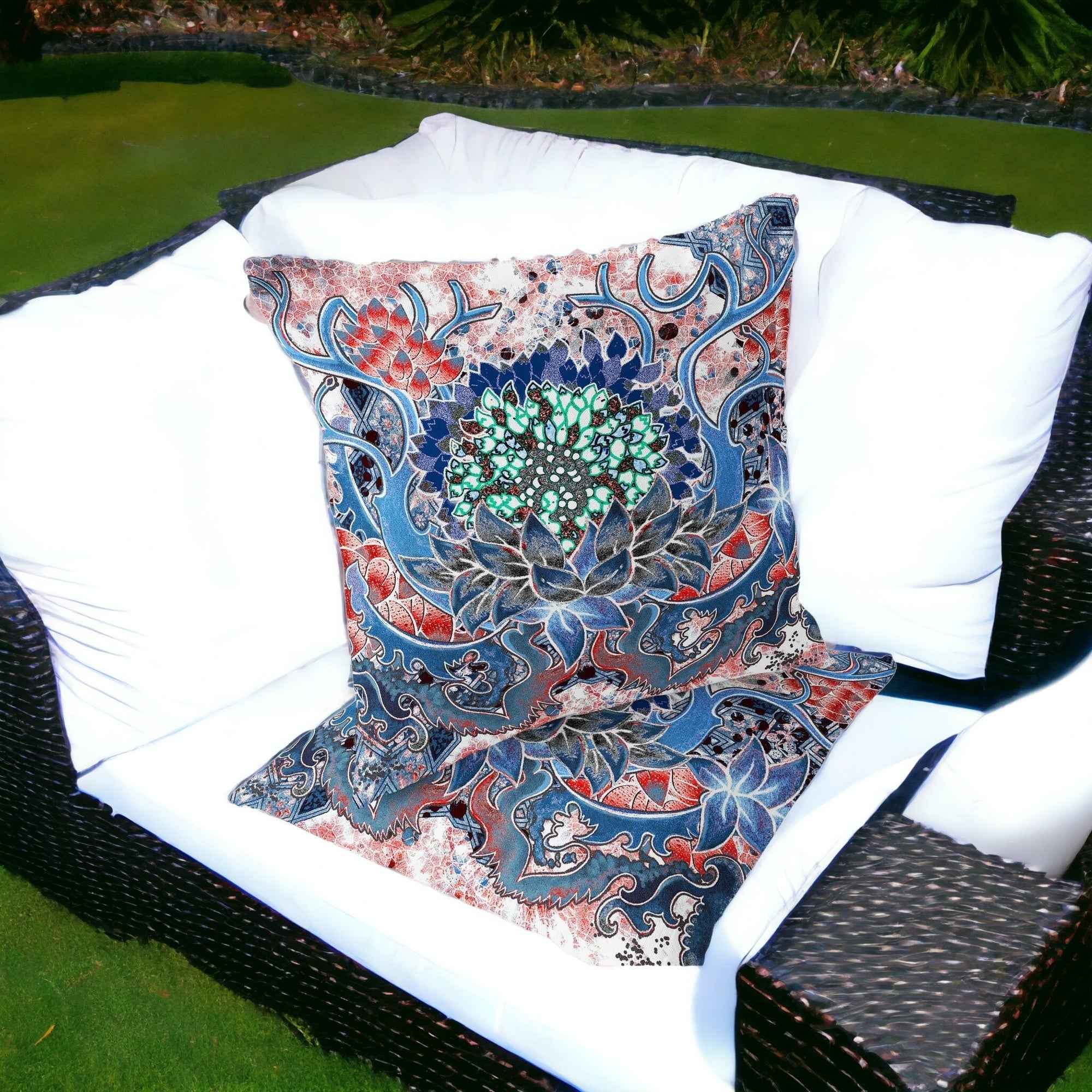 Set of Two 16" X 16" Blue and Pink Blown Seam Floral Indoor Outdoor Throw Pillow