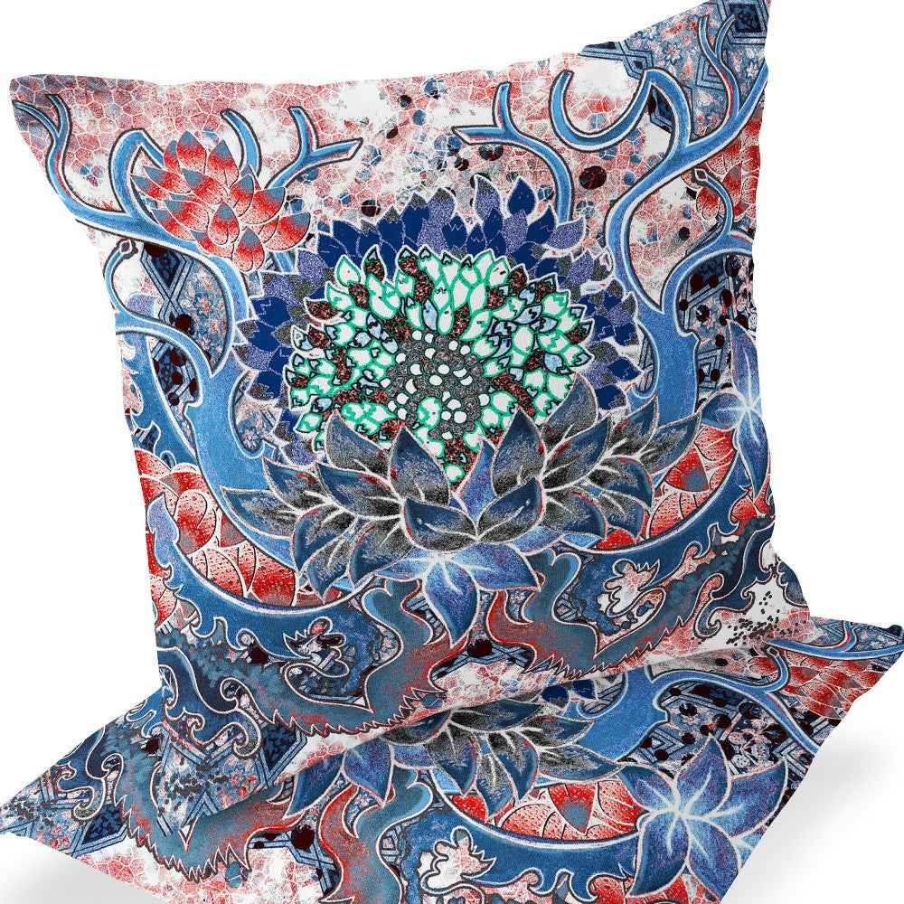 Set of Two 16" X 16" Blue and Pink Blown Seam Floral Indoor Outdoor Throw Pillow