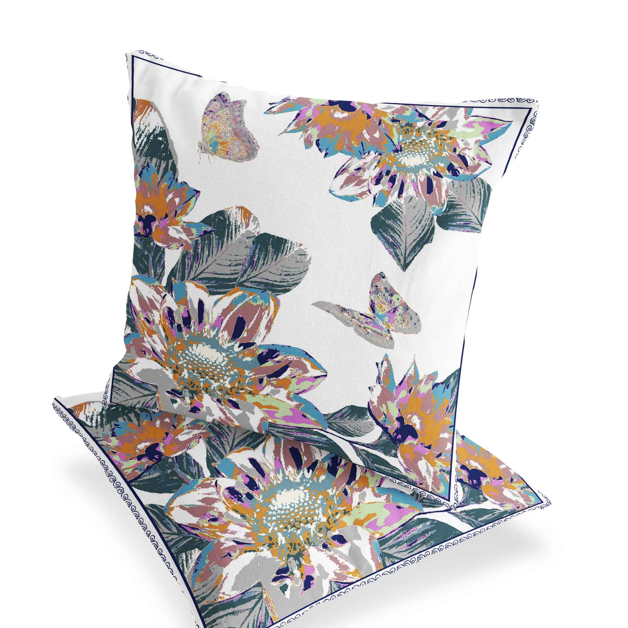 Set of Two 16" X 16" Pink and White Butterfly Blown Seam Floral Indoor Outdoor Throw Pillow