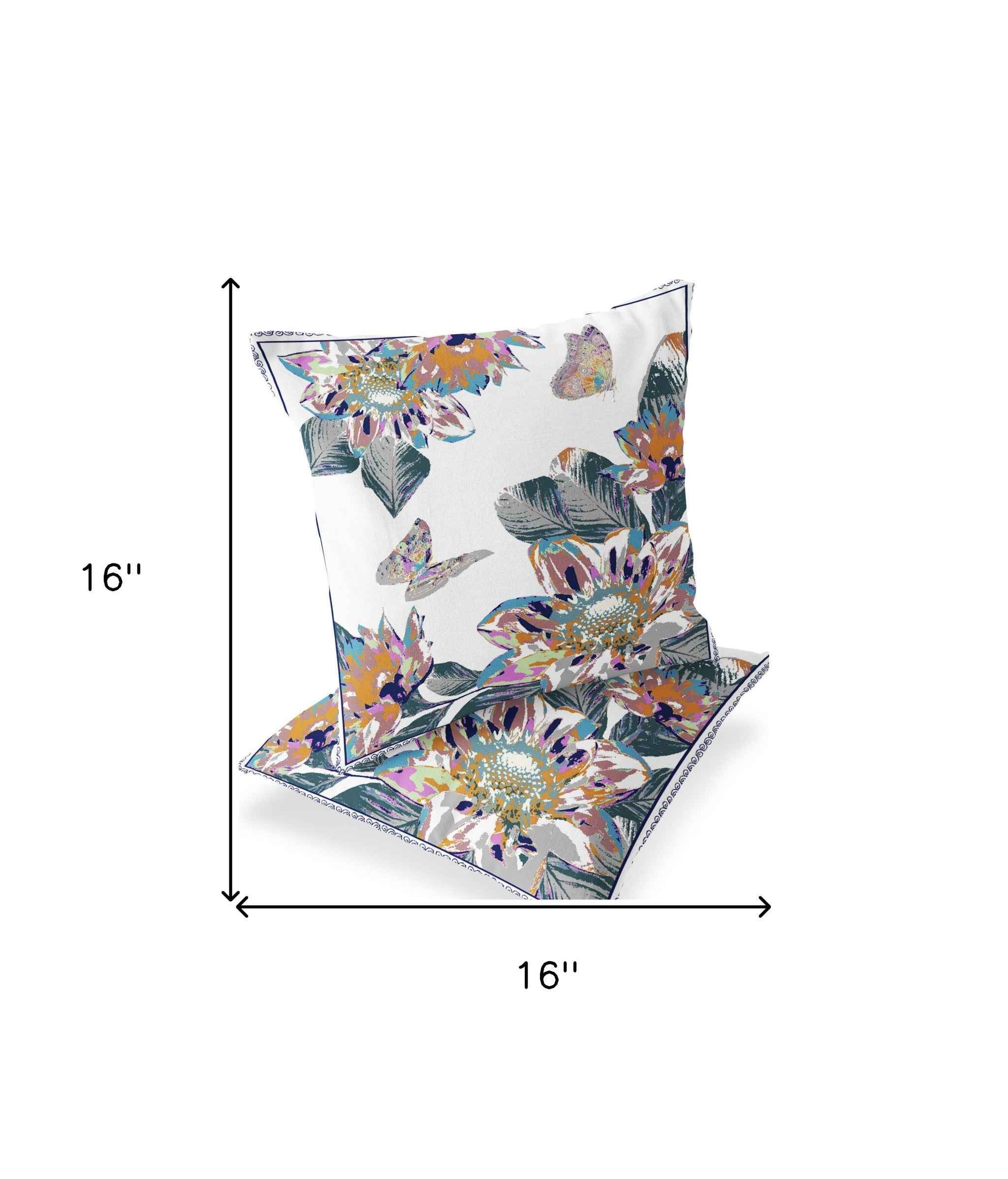 Set of Two 16" X 16" Pink and White Butterfly Blown Seam Floral Indoor Outdoor Throw Pillow