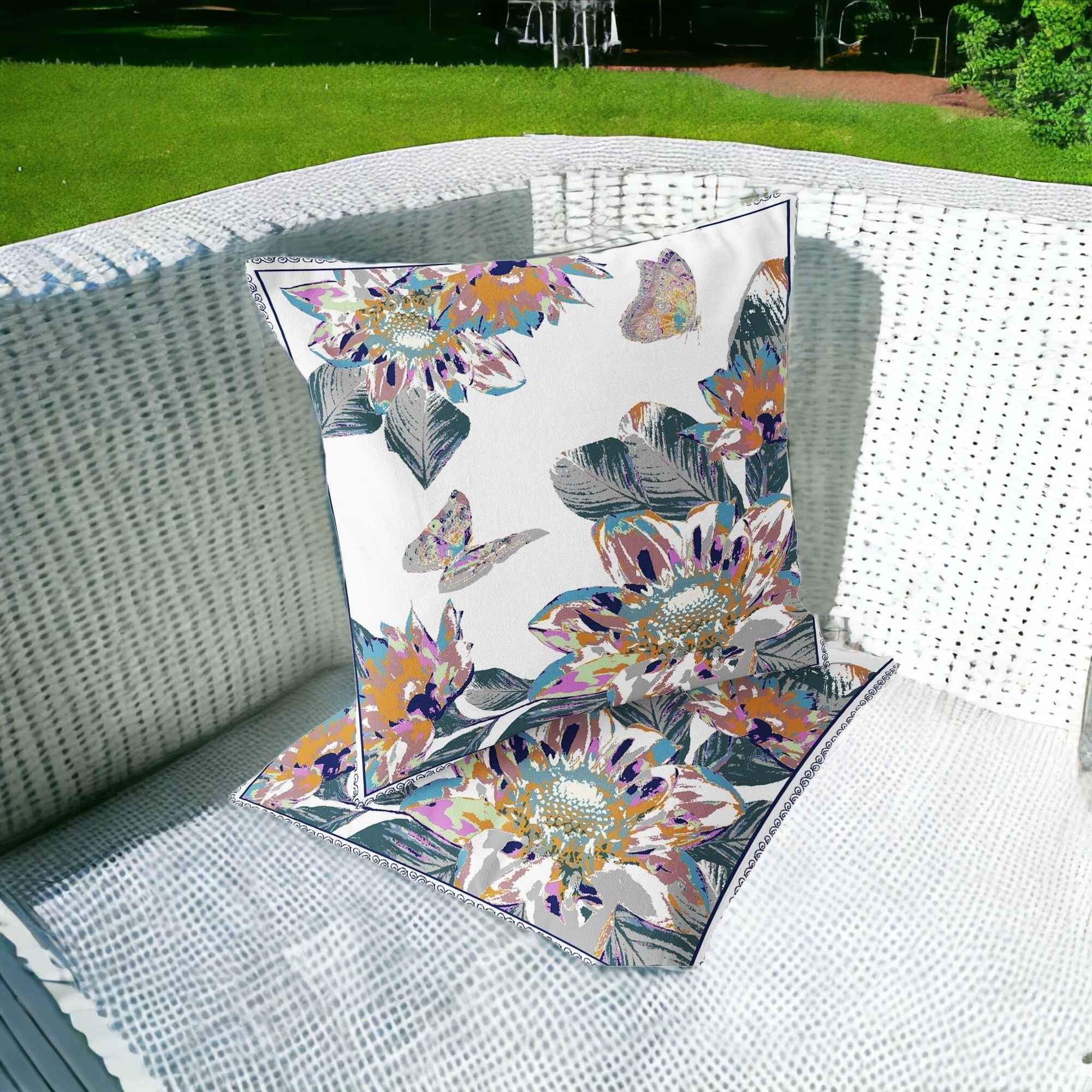 Set of Two 16" X 16" Pink and White Butterfly Blown Seam Floral Indoor Outdoor Throw Pillow