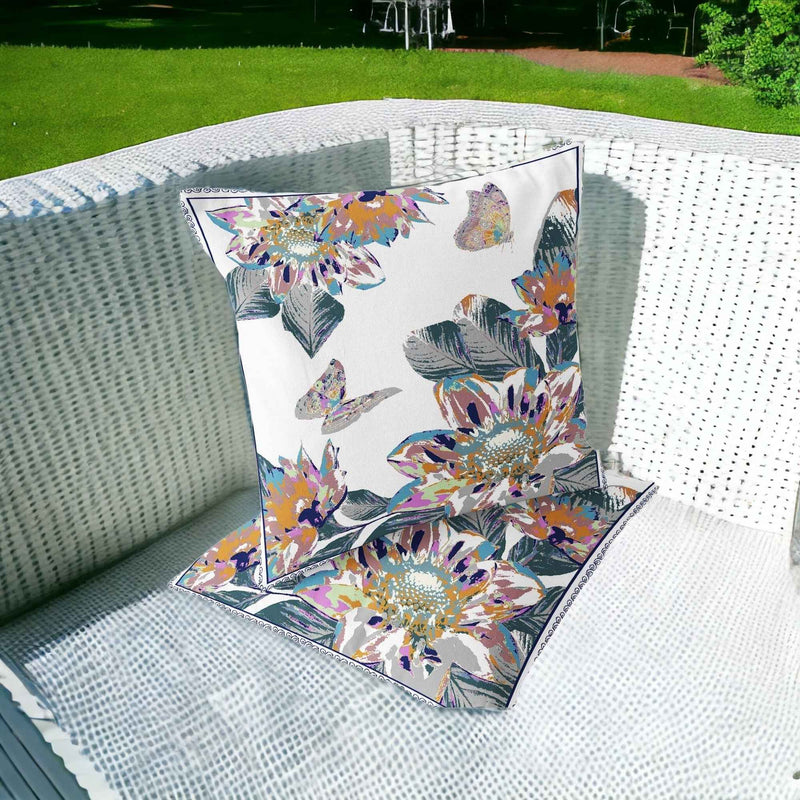 Set of Two 16" X 16" Pink and White Butterfly Blown Seam Floral Indoor Outdoor Throw Pillow