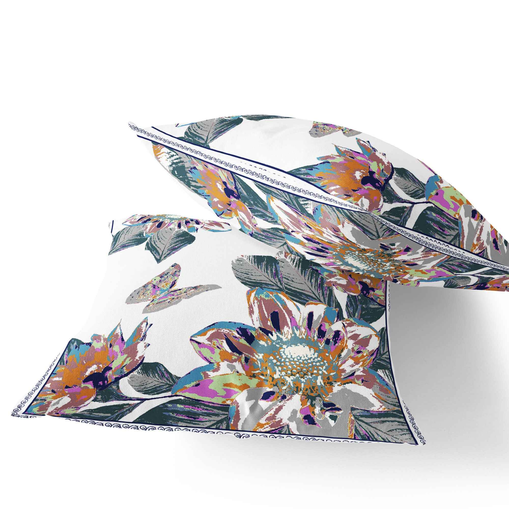 Set of Two 16" X 16" Pink and White Butterfly Blown Seam Floral Indoor Outdoor Throw Pillow