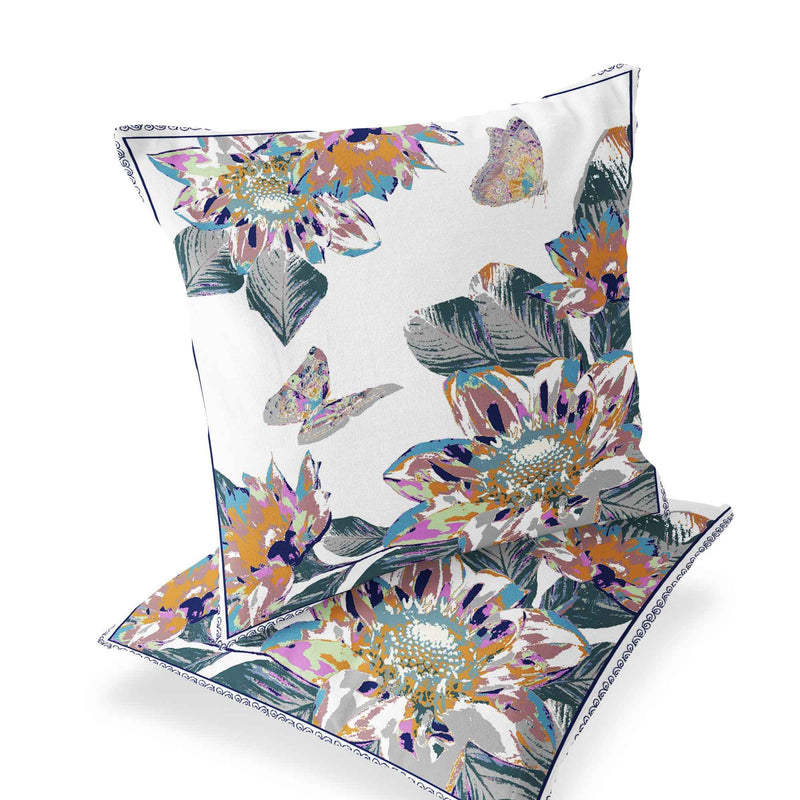 Set of Two 16" X 16" Pink and White Butterfly Blown Seam Floral Indoor Outdoor Throw Pillow