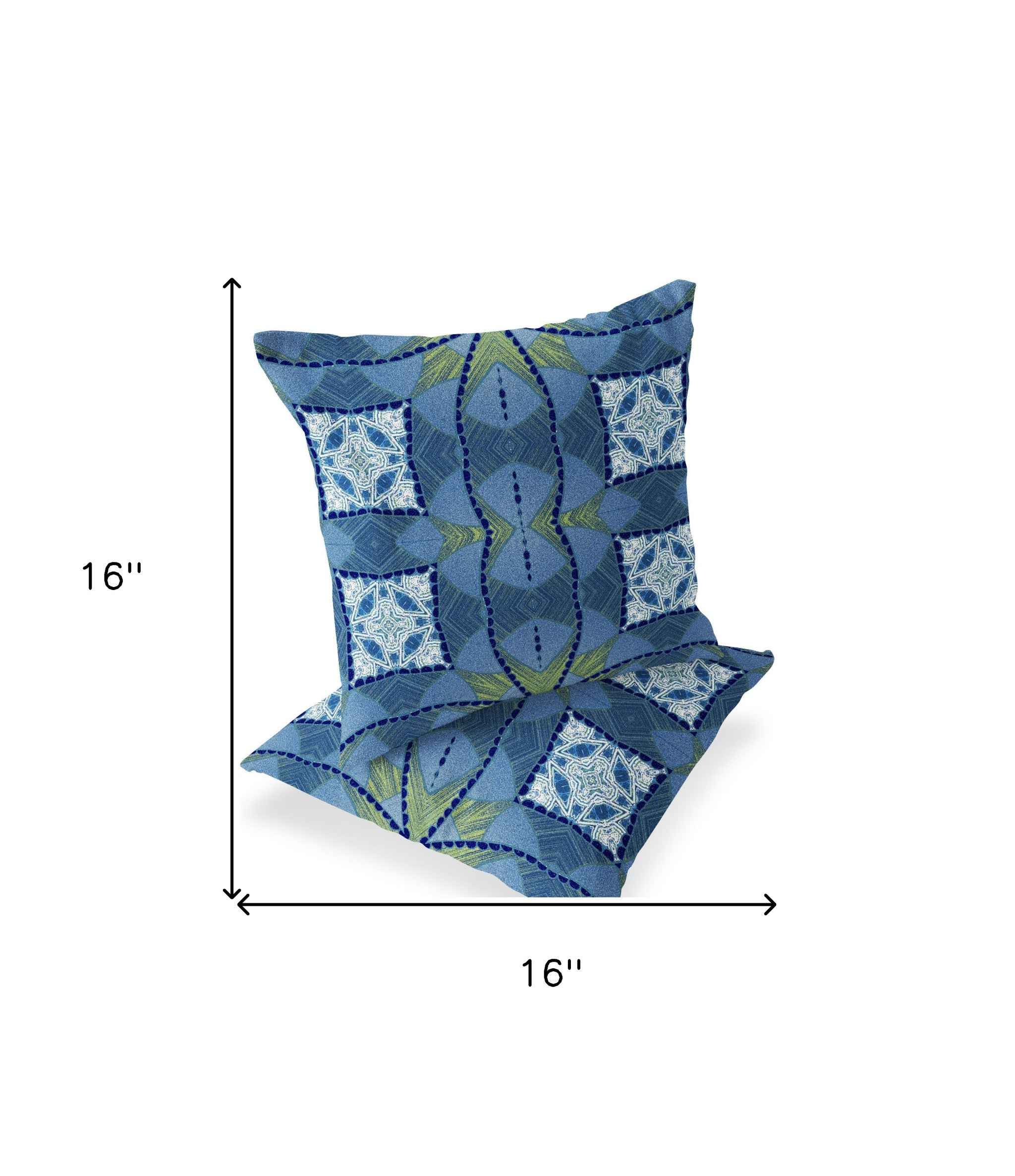 Set of Two 16" X 16" Blue and Yellow Blown Seam Eclectic Indoor Outdoor Throw Pillow