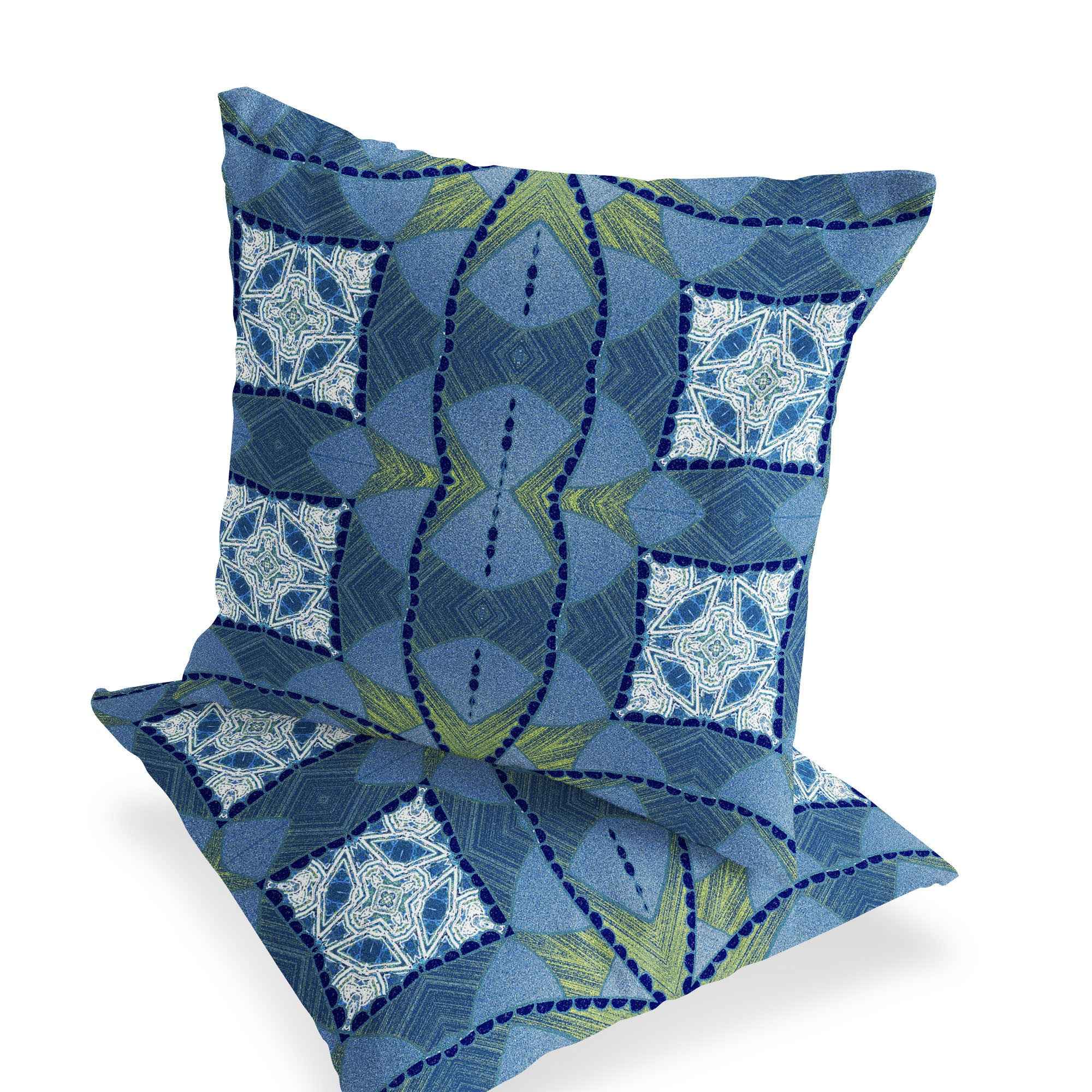Set of Two 16" X 16" Blue and Yellow Blown Seam Eclectic Indoor Outdoor Throw Pillow
