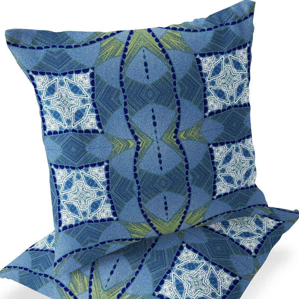Set of Two 16" X 16" Blue and Yellow Blown Seam Eclectic Indoor Outdoor Throw Pillow