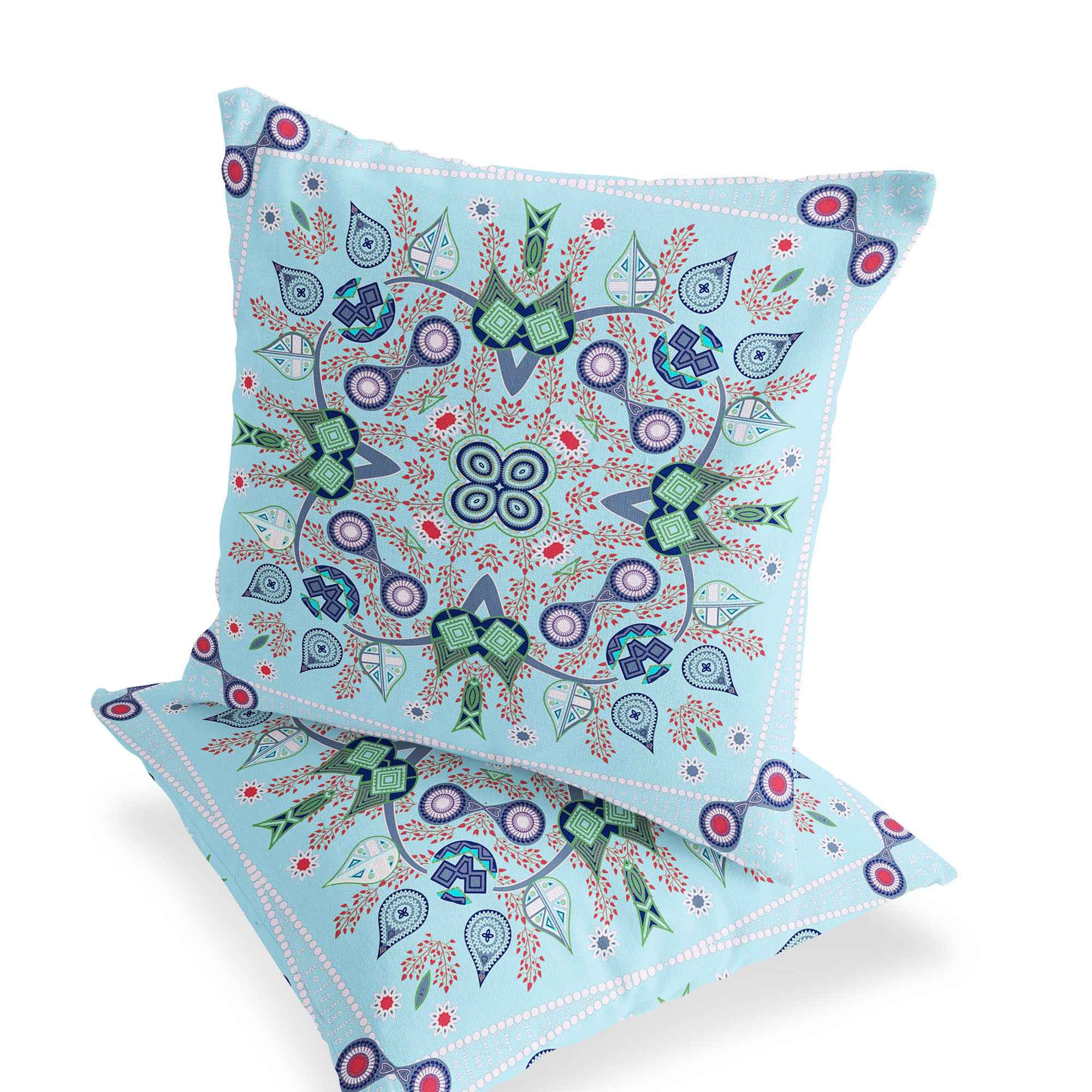 Set of Two 16" X 16" Blue and Green Blown Seam Paisley Indoor Outdoor Throw Pillow