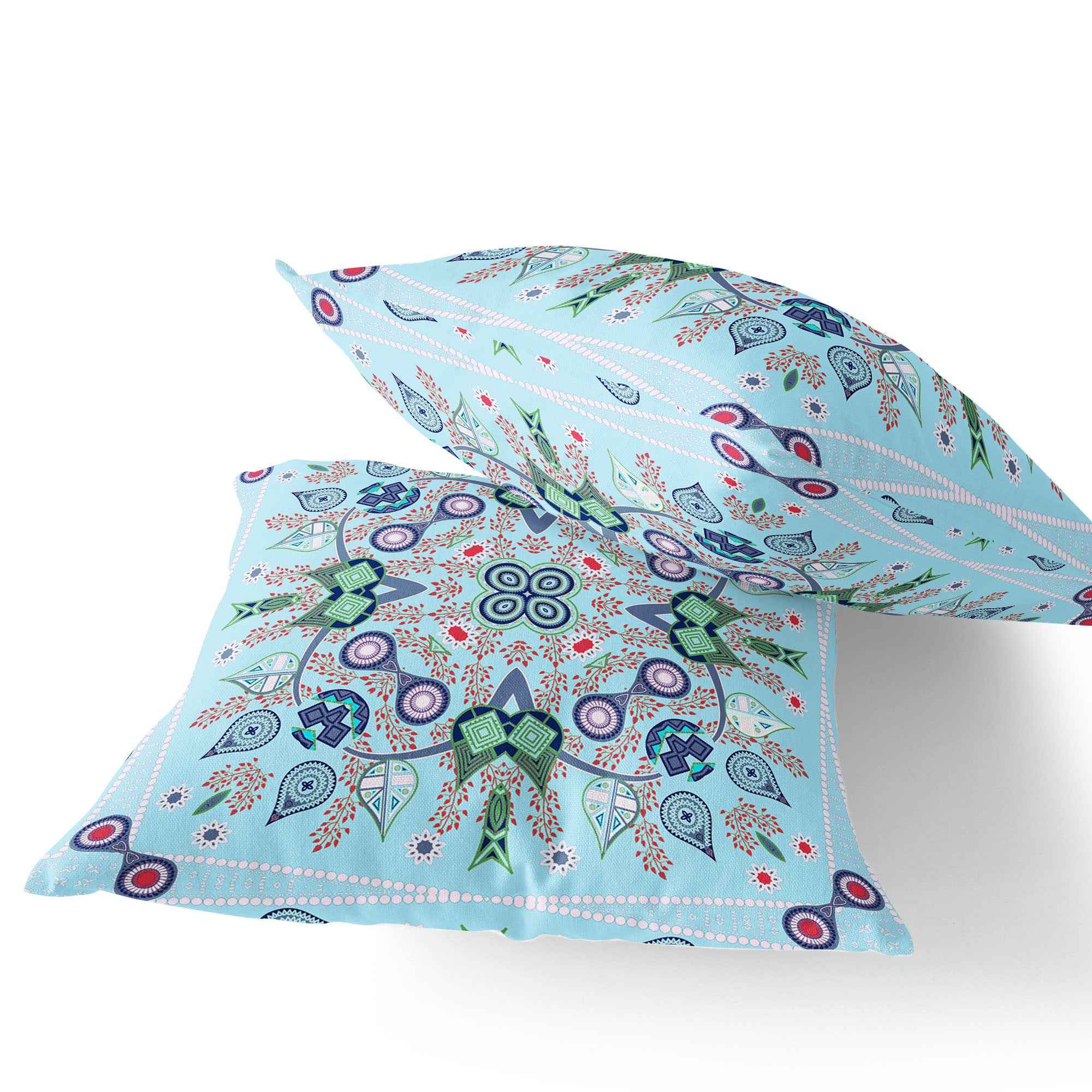 Set of Two 16" X 16" Blue and Green Blown Seam Paisley Indoor Outdoor Throw Pillow