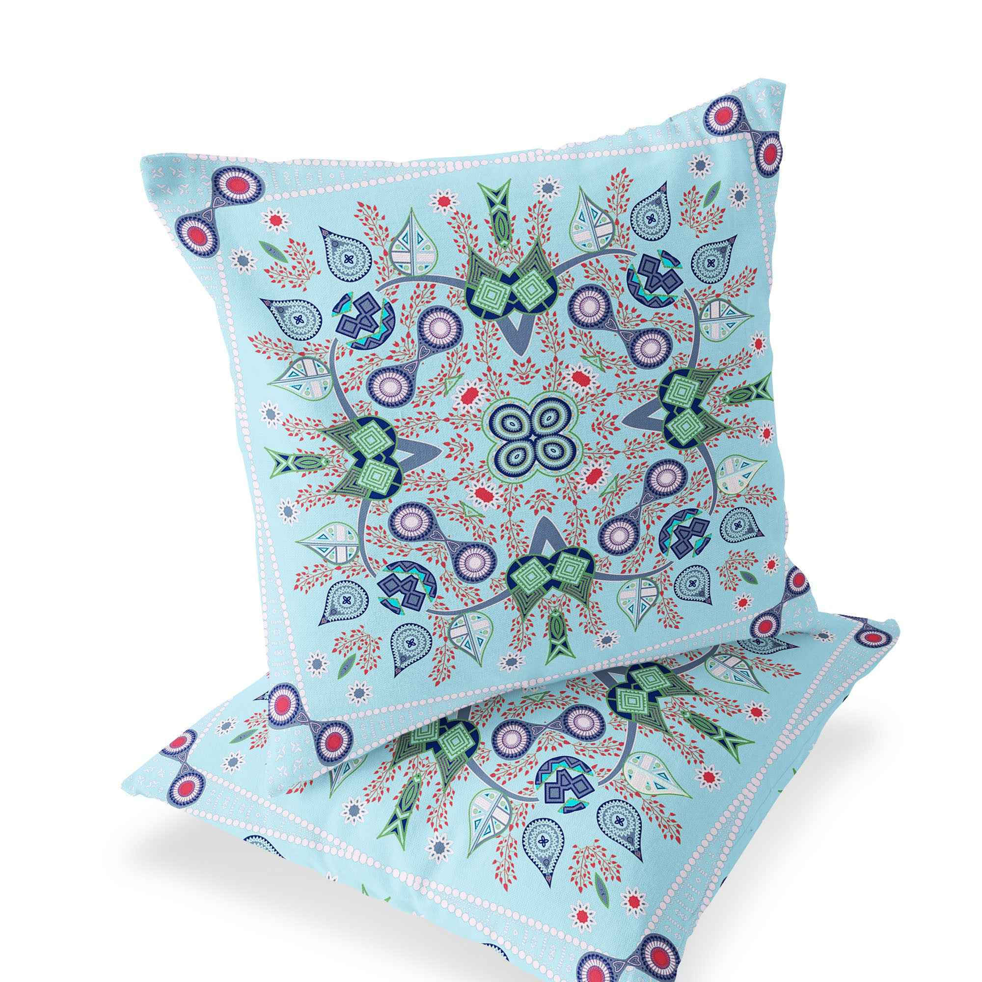 Set of Two 16" X 16" Blue and Green Blown Seam Paisley Indoor Outdoor Throw Pillow