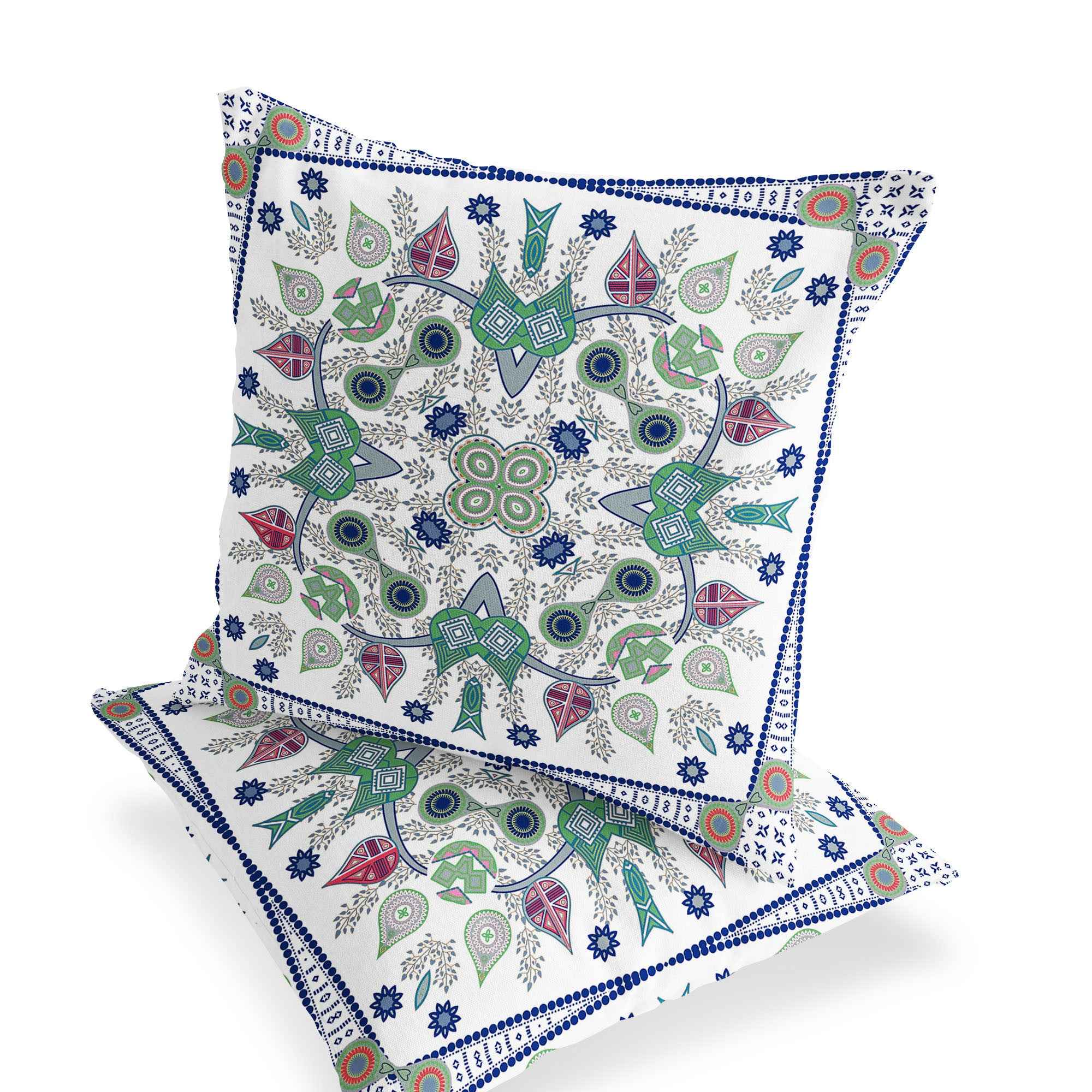 Set of Two 16" X 16" Blue and Off White Blown Seam Paisley Indoor Outdoor Throw Pillow
