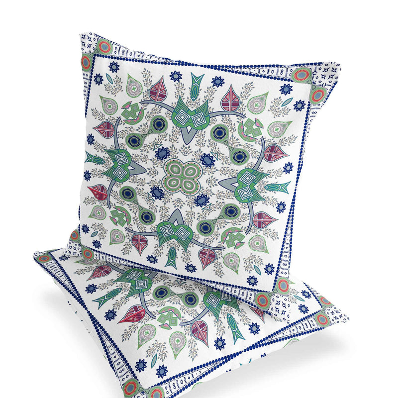 Set of Two 16" X 16" Blue and Off White Blown Seam Paisley Indoor Outdoor Throw Pillow