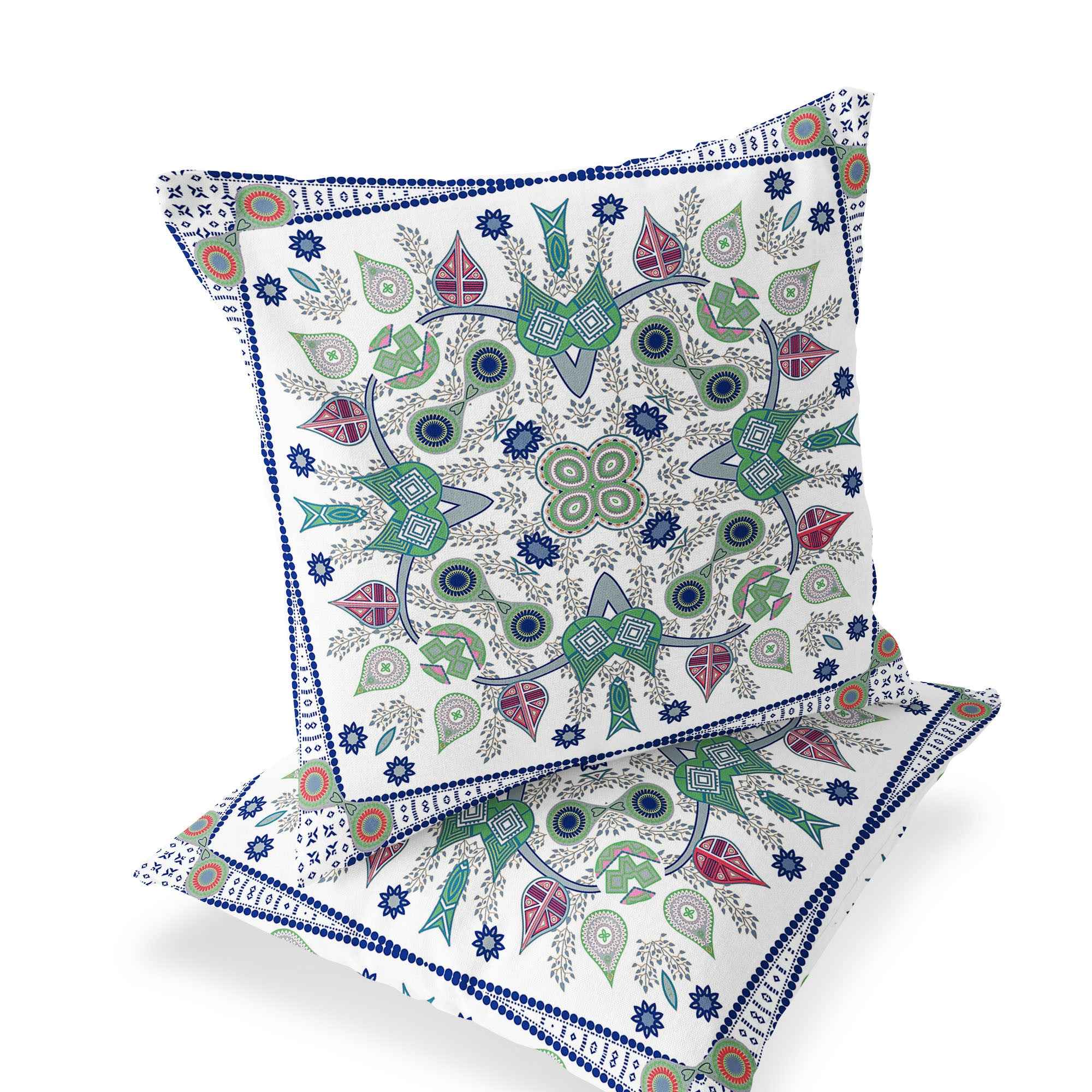 Set of Two 16" X 16" Blue and Off White Blown Seam Paisley Indoor Outdoor Throw Pillow