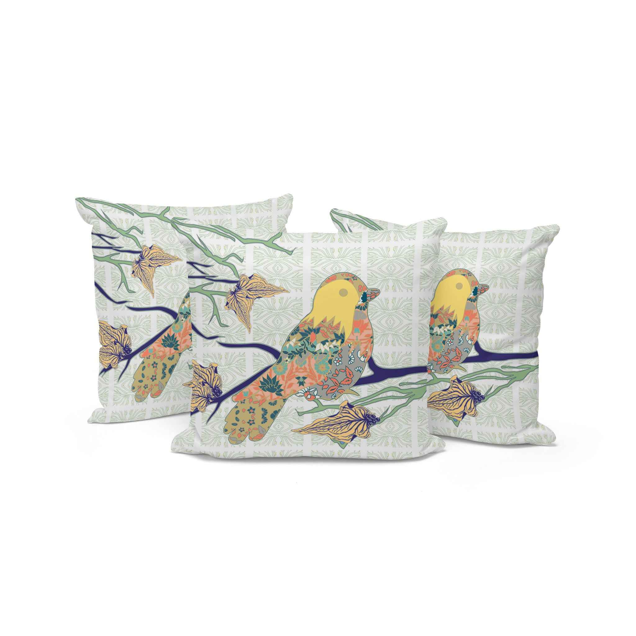 Set of Three 16" X 16" Green and White Bird Indoor Outdoor Throw Pillow
