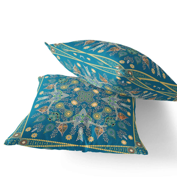 Set of Two 16" X 16" Green and Yellow Blown Seam Paisley Indoor Outdoor Throw Pillow