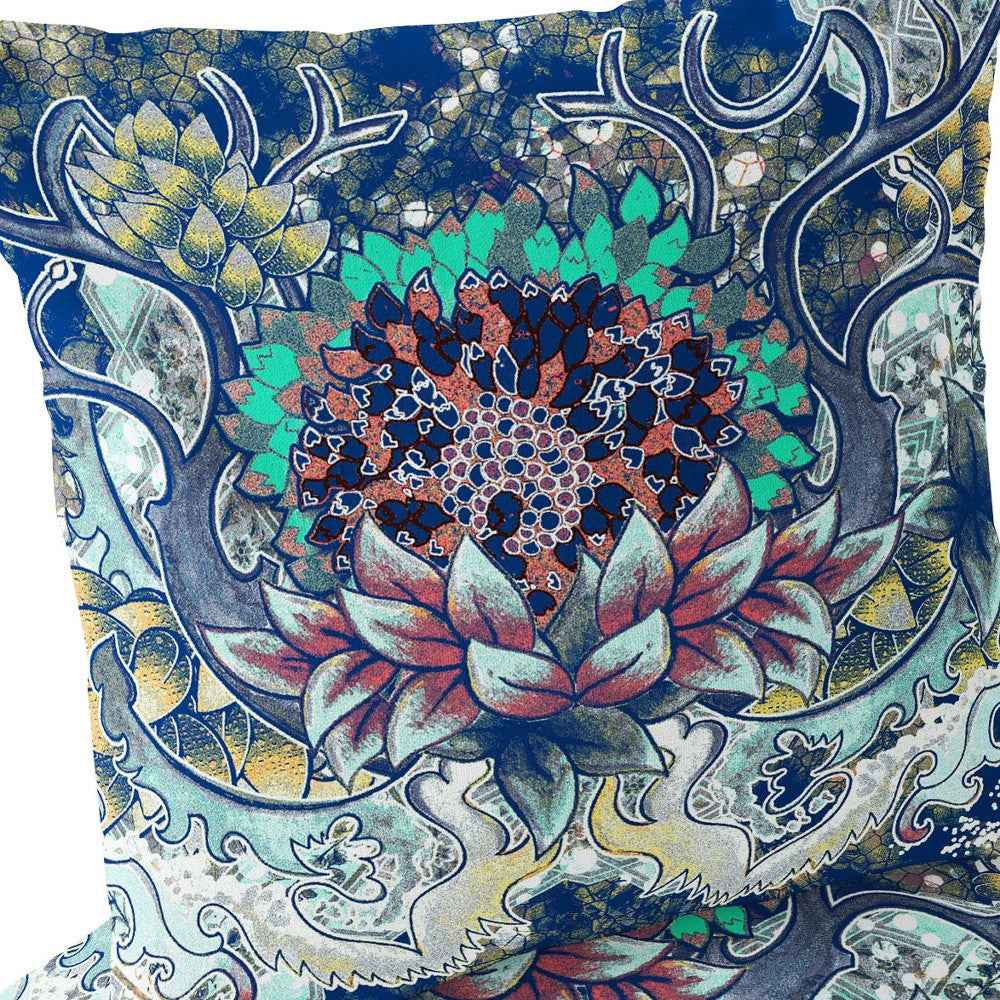 Set of Two 16" X 16" Blue and Yellow Blown Seam Floral Indoor Outdoor Throw Pillow