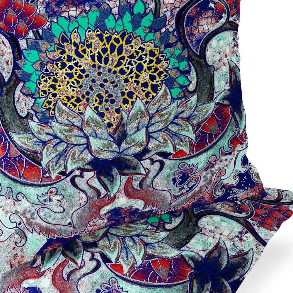 Set of Two 16" X 16" Blue and Green Blown Seam Floral Indoor Outdoor Throw Pillow