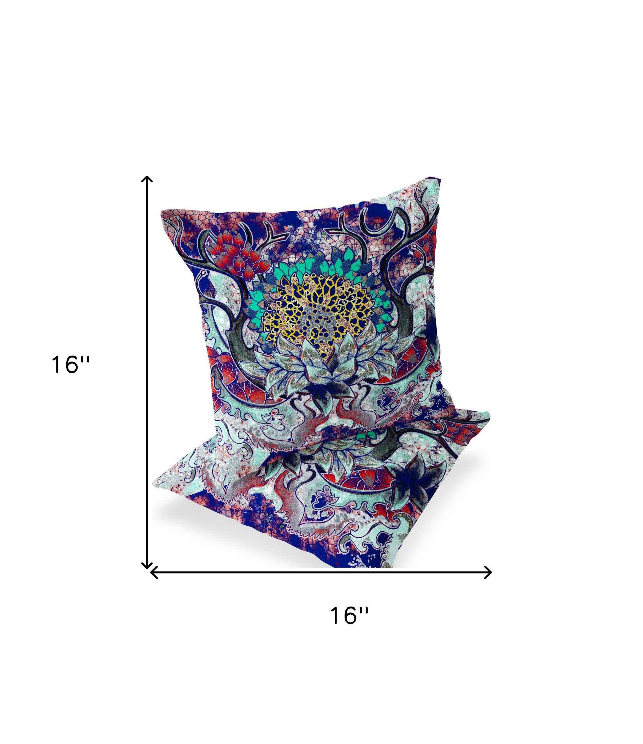 Set of Two 16" X 16" Blue and Green Blown Seam Floral Indoor Outdoor Throw Pillow