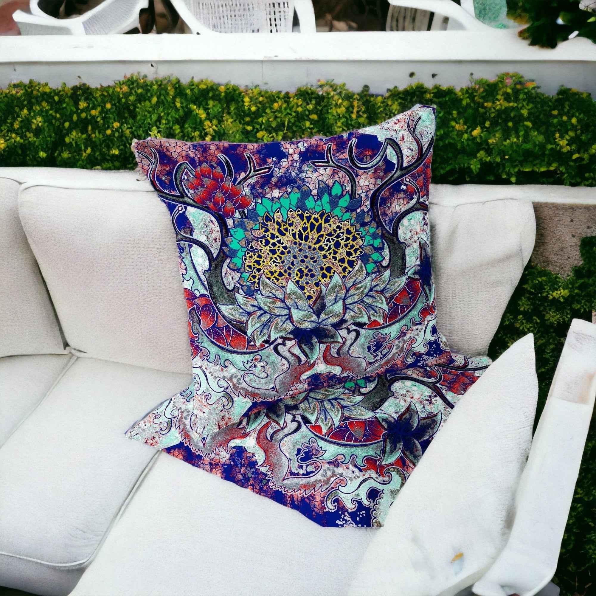 Set of Two 16" X 16" Blue and Green Blown Seam Floral Indoor Outdoor Throw Pillow