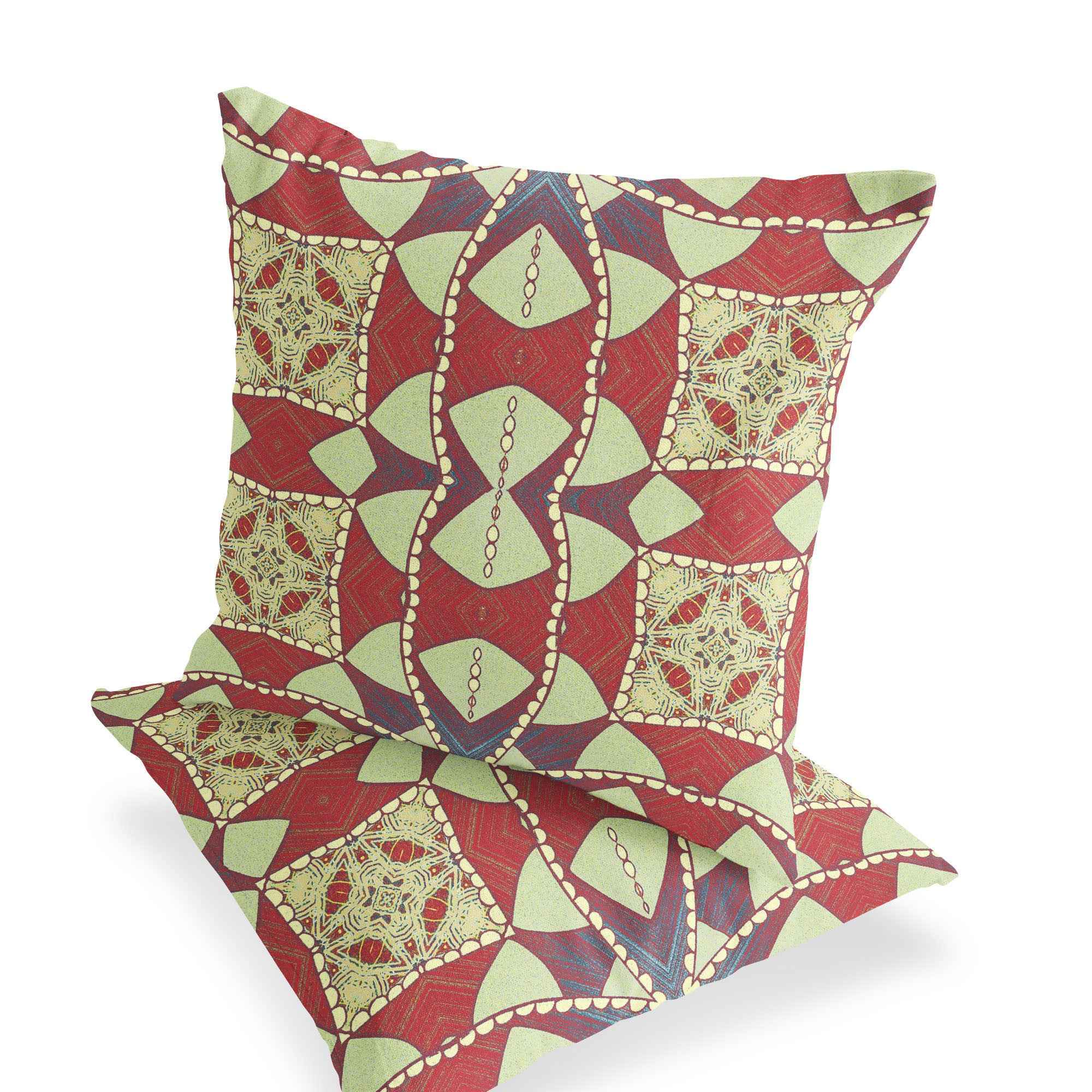 Set of Two 16" X 16" Yellow Red Blown Seam Eclectic Indoor Outdoor Throw Pillow