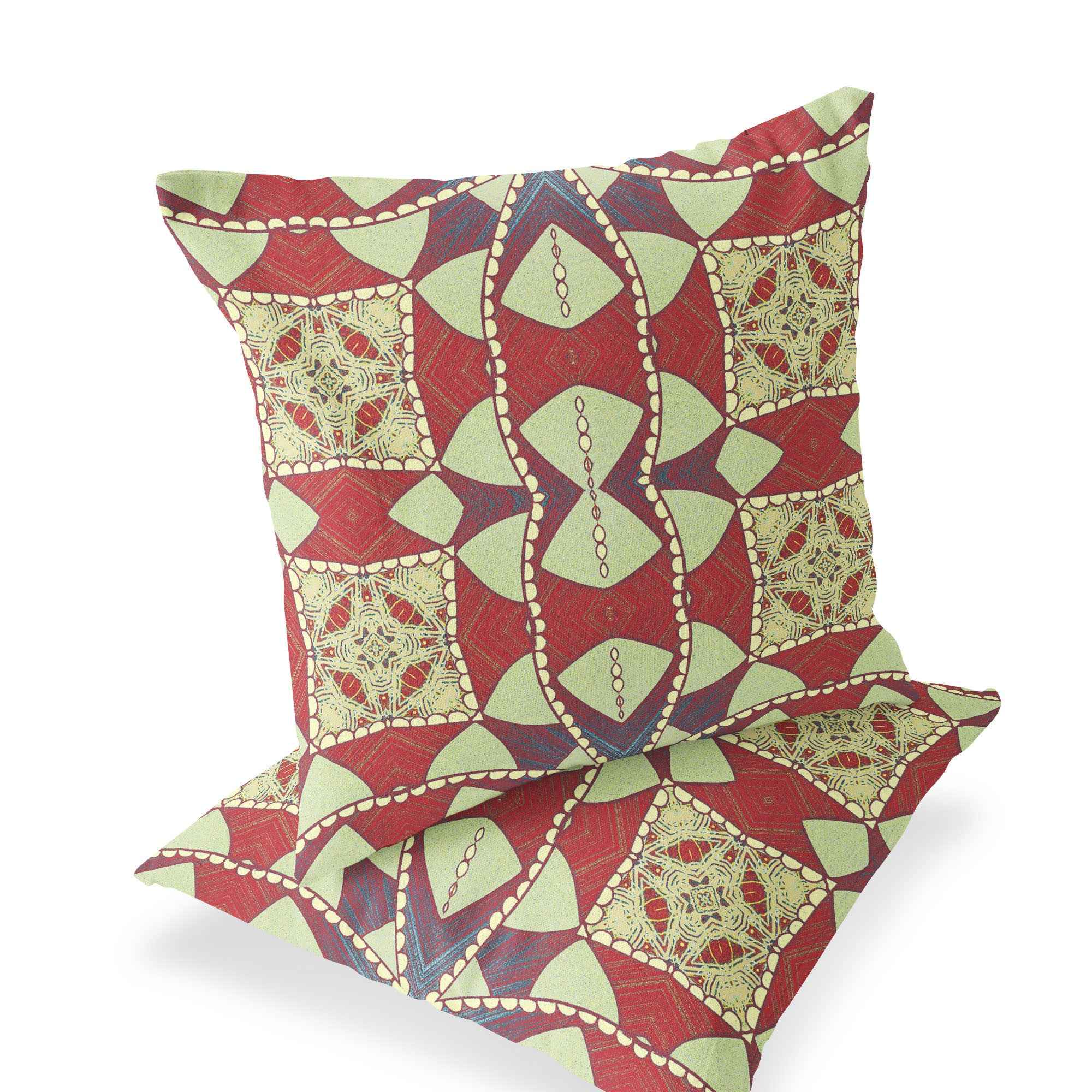 Set of Two 16" X 16" Yellow Red Blown Seam Eclectic Indoor Outdoor Throw Pillow