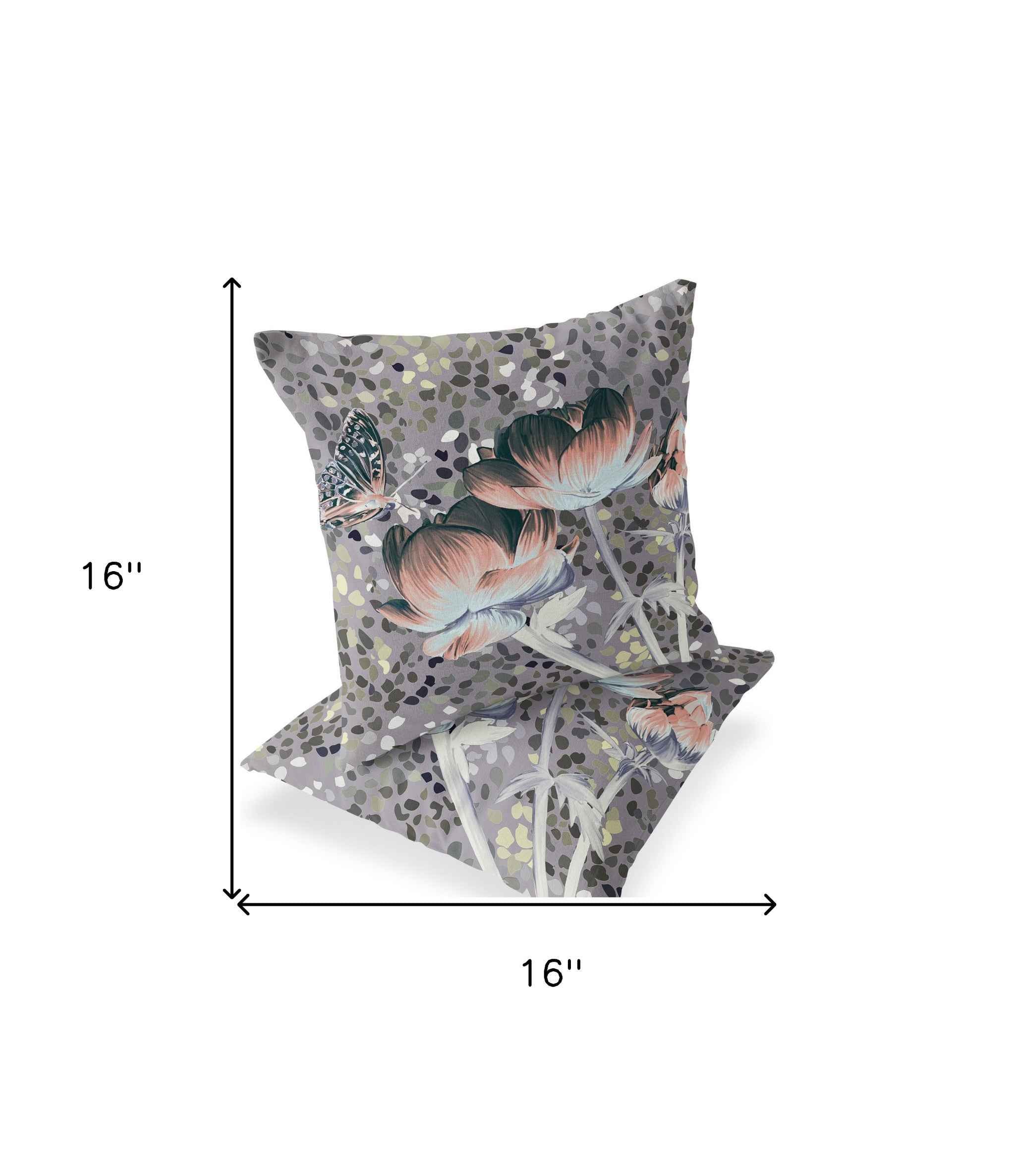 Set of Two 16" X 16" Gray and Pink Butterfly Blown Seam Floral Indoor Outdoor Throw Pillow