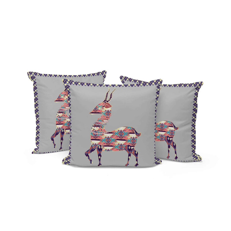 Set of Three 16" X 16" Gray and Purple Deer Indoor Outdoor Throw Pillow