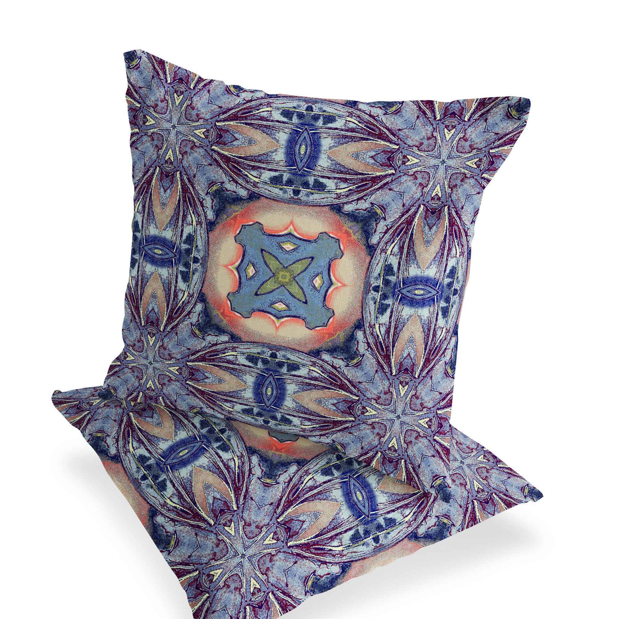 Set of Two 16" X 16" Blue and Pink Blown Seam Floral Indoor Outdoor Throw Pillow