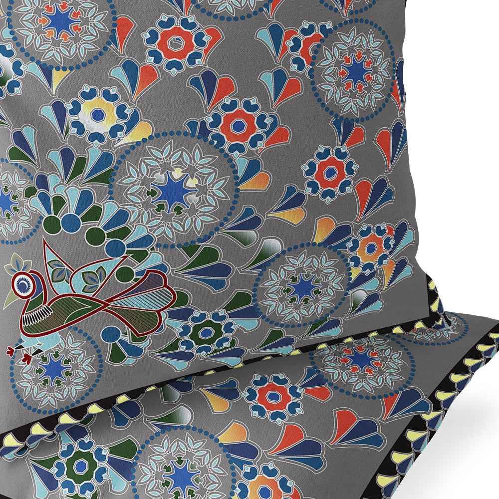 Set of Two 16" X 16" Gray and Yellow Peacock Blown Seam Floral Indoor Outdoor Throw Pillow
