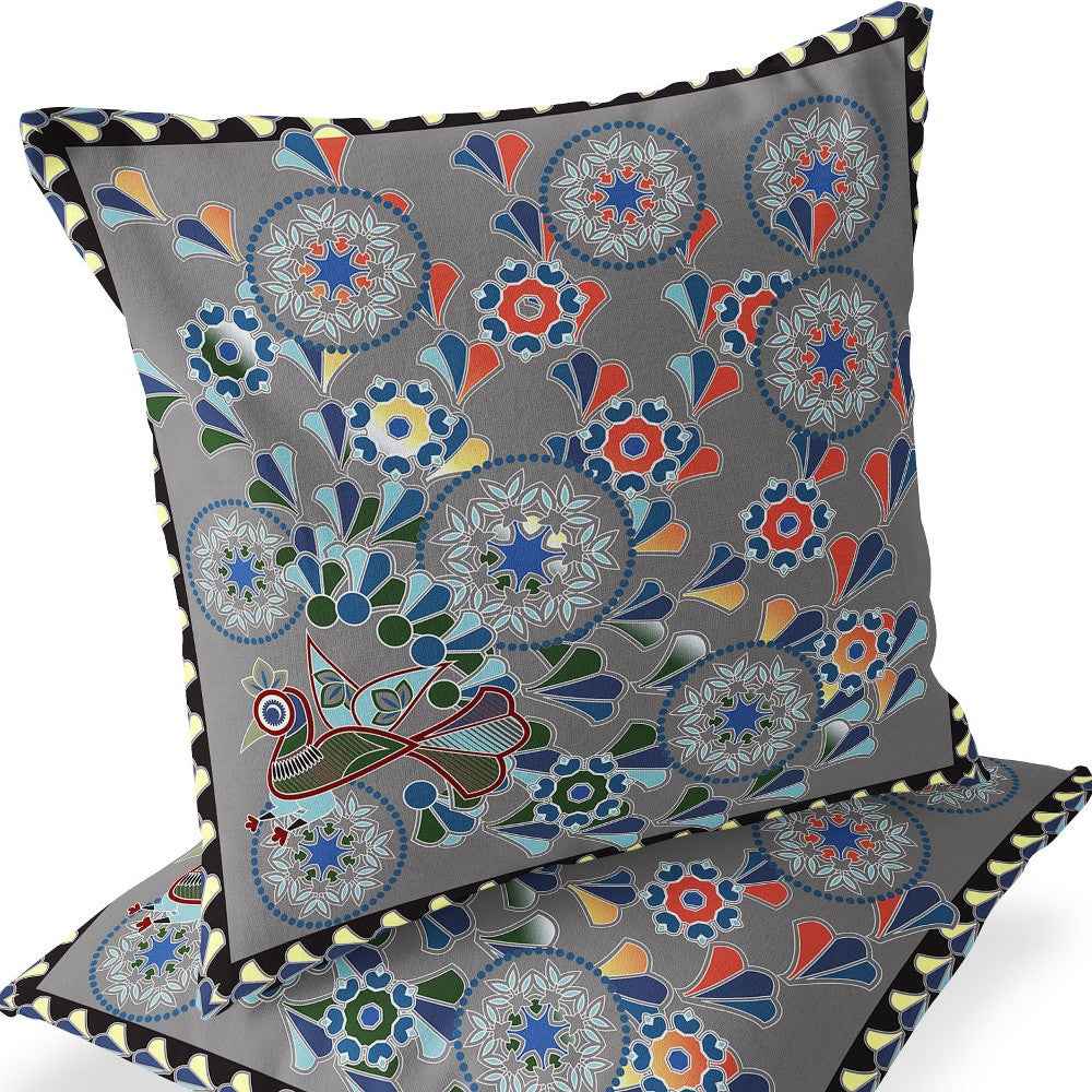 Set of Two 16" X 16" Gray and Yellow Peacock Blown Seam Floral Indoor Outdoor Throw Pillow