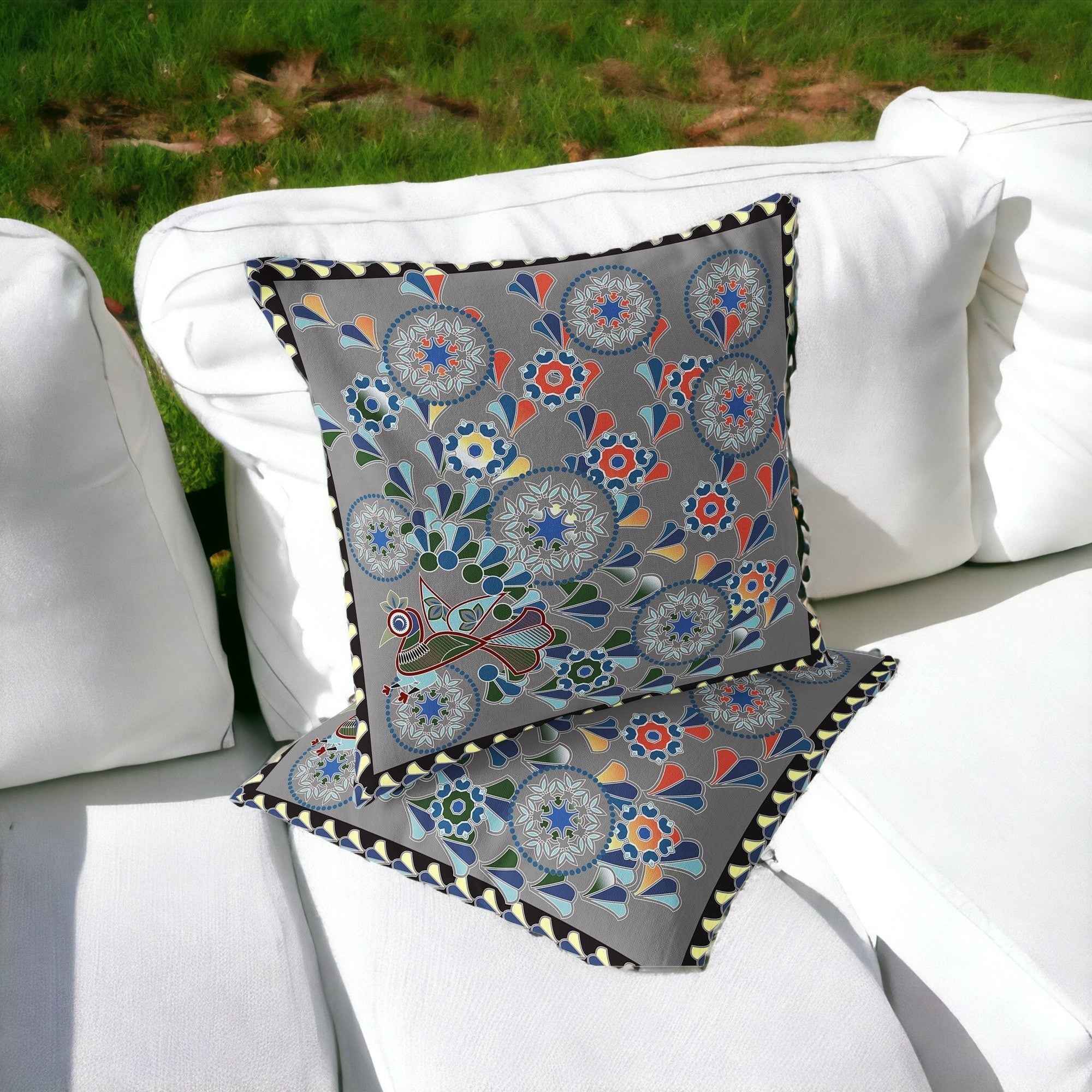 Set of Two 16" X 16" Gray and Yellow Peacock Blown Seam Floral Indoor Outdoor Throw Pillow