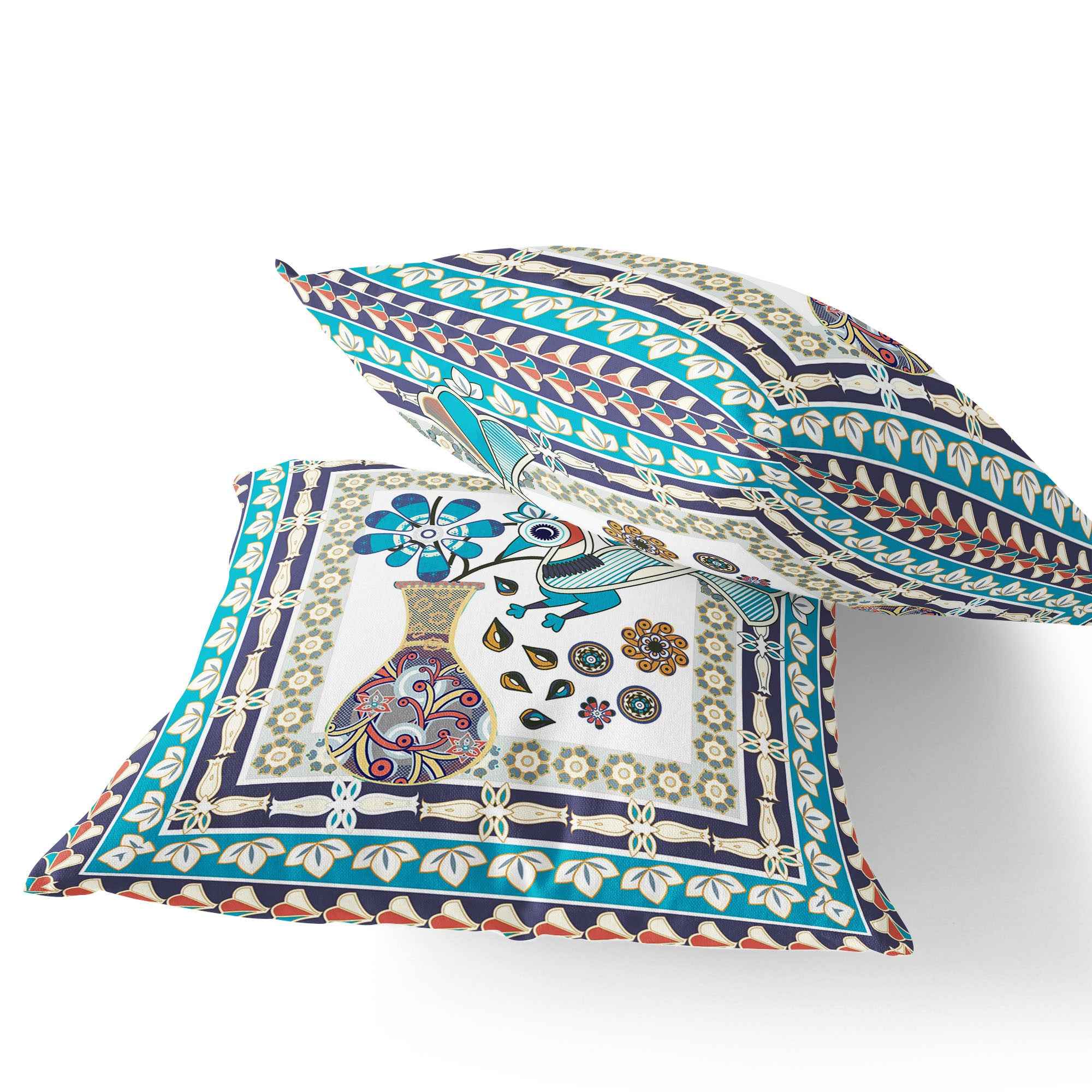 Set of Two 16" X 16" Blue and Purple Peacock Blown Seam Floral Indoor Outdoor Throw Pillow