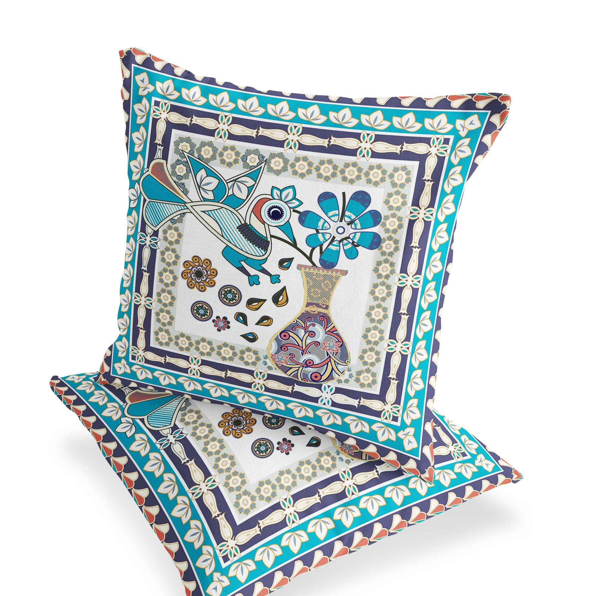 Set of Two 16" X 16" Blue and Purple Peacock Blown Seam Floral Indoor Outdoor Throw Pillow