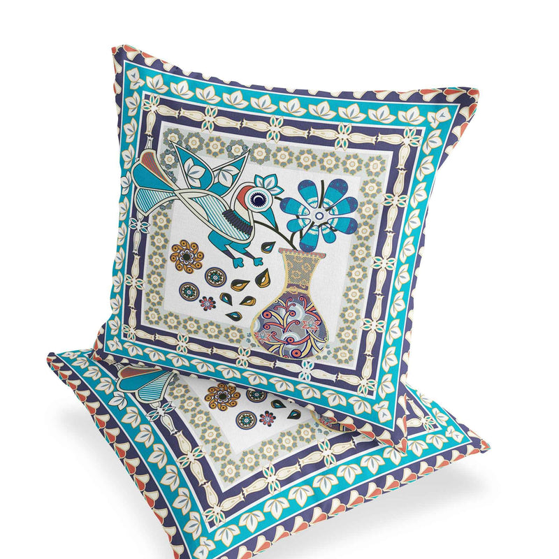Set of Two 16" X 16" Blue and Purple Peacock Blown Seam Floral Indoor Outdoor Throw Pillow