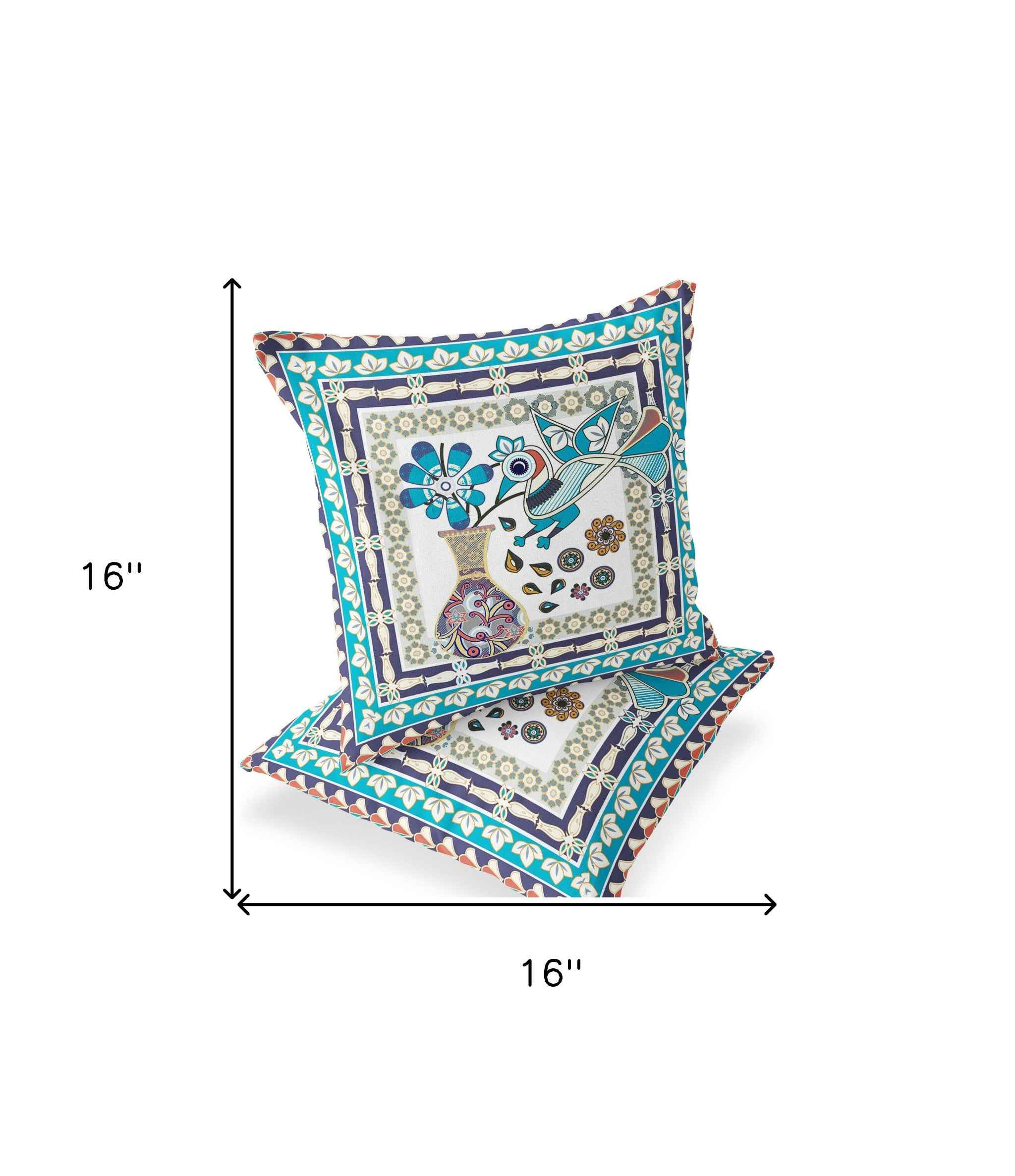 Set of Two 16" X 16" Blue and Purple Peacock Blown Seam Floral Indoor Outdoor Throw Pillow