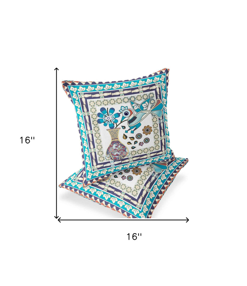 Set of Two 16" X 16" Blue and Purple Peacock Blown Seam Floral Indoor Outdoor Throw Pillow