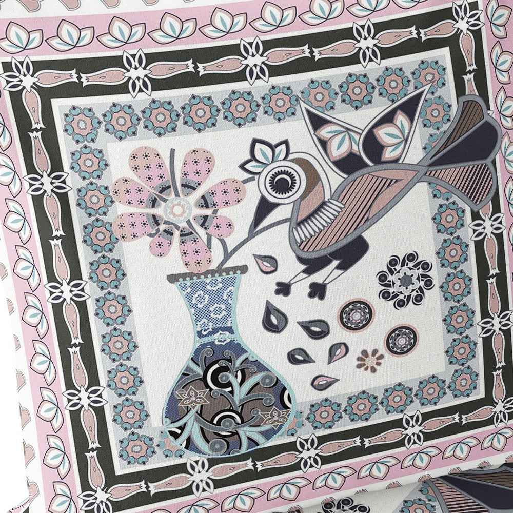 Set of Two 16" X 16" Pink and Black Peacock Blown Seam Floral Indoor Outdoor Throw Pillow