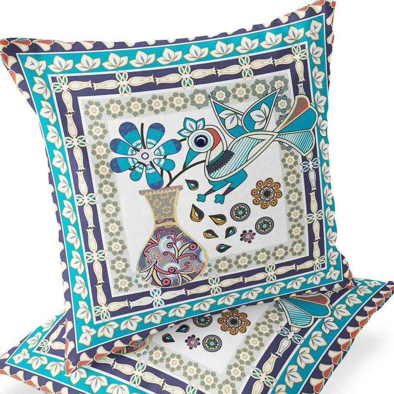 Set of Two 16" X 16" Blue and Purple Peacock Blown Seam Floral Indoor Outdoor Throw Pillow