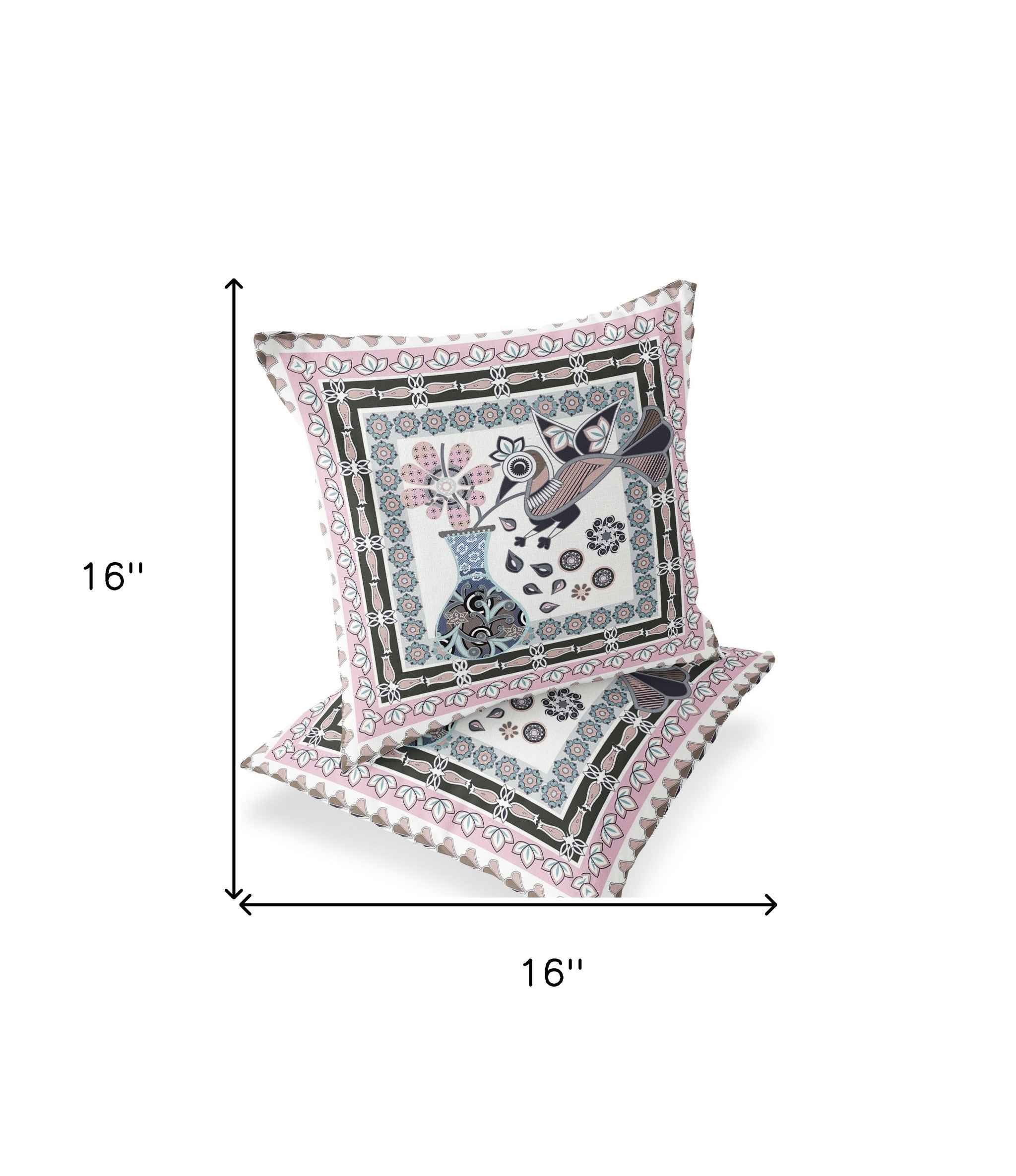 Set of Two 16" X 16" Pink and Black Peacock Blown Seam Floral Indoor Outdoor Throw Pillow
