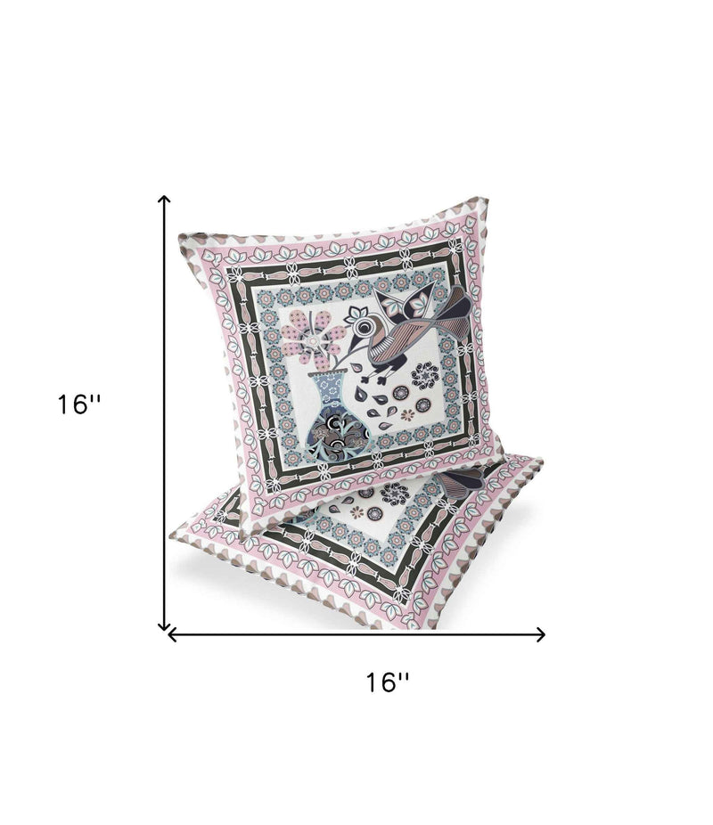 Set of Two 16" X 16" Pink and Black Peacock Blown Seam Floral Indoor Outdoor Throw Pillow