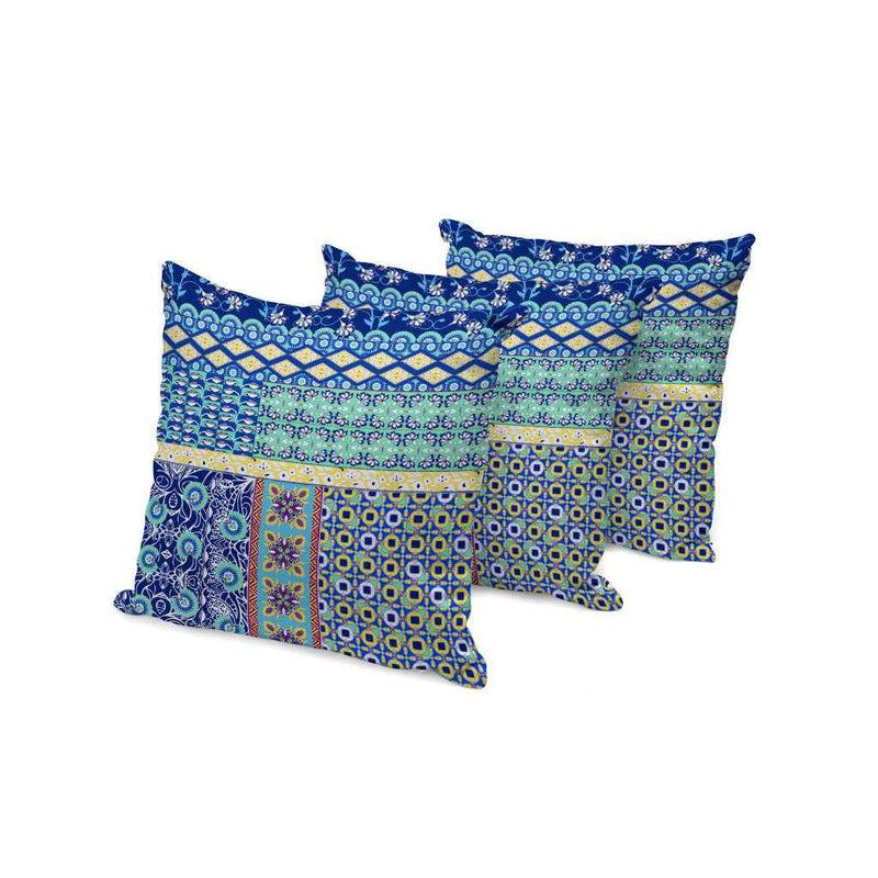 Set of Three 16" X 16" Blue and Yellow Botanical Indoor Outdoor Throw Pillow