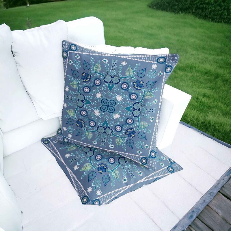 Set of Two 16" X 16" Blue and White Blown Seam Paisley Indoor Outdoor Throw Pillow