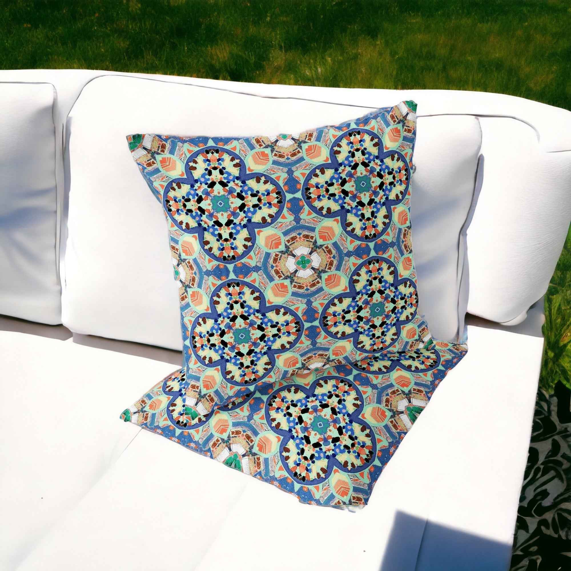 Set of Two 16" X 16" Blue and Purple Blown Seam Floral Indoor Outdoor Throw Pillow