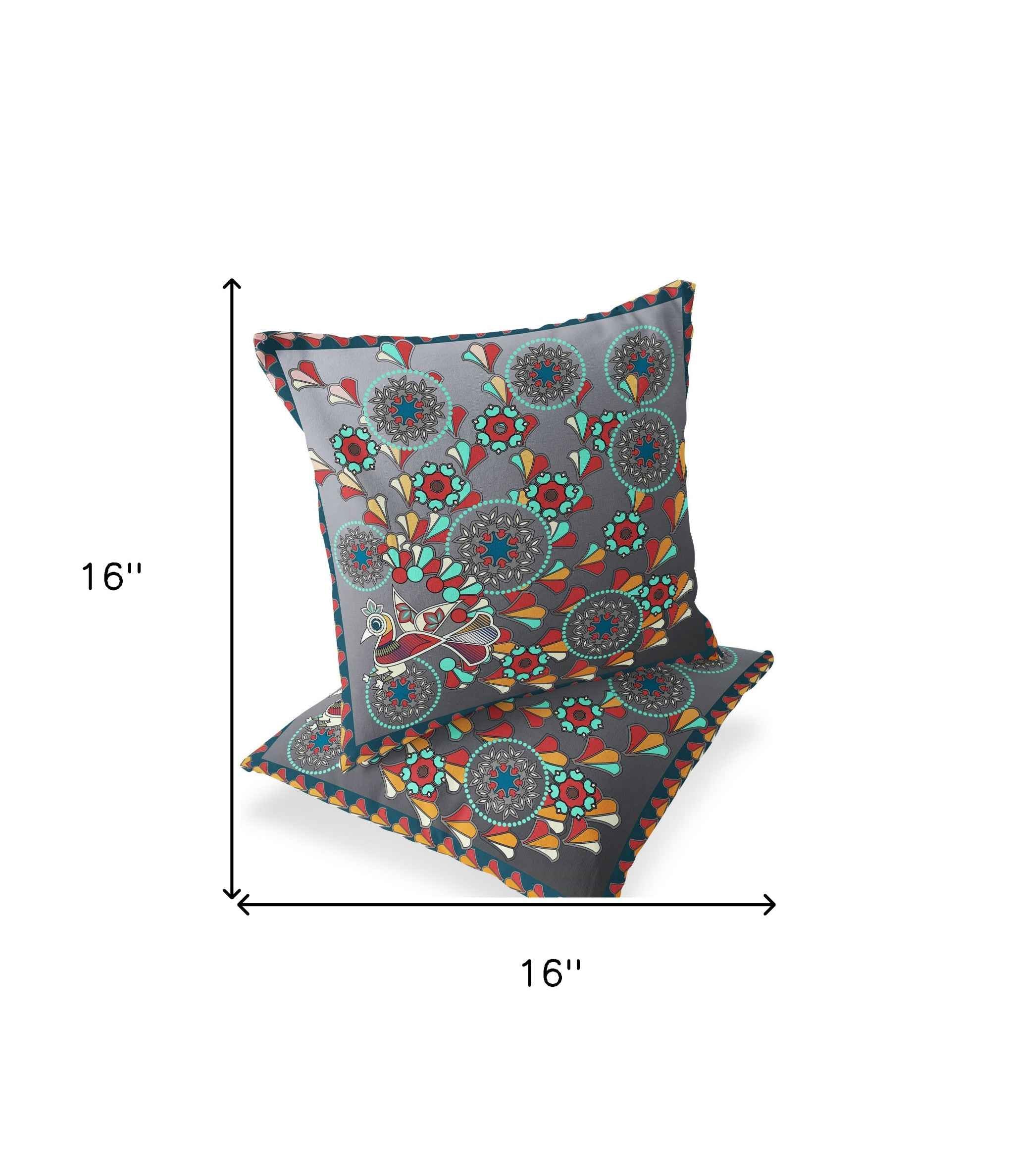 Set of Two 16" X 16" Gray and Yellow Peacock Blown Seam Floral Indoor Outdoor Throw Pillow
